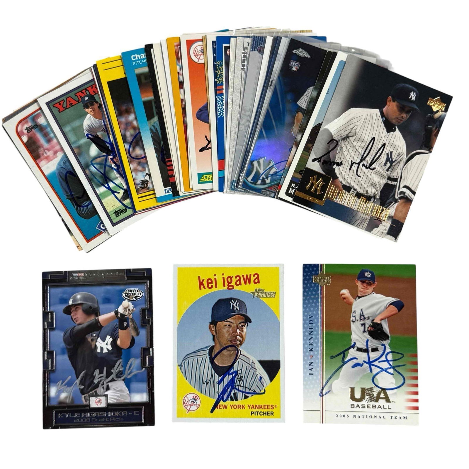 New York Yankees Autographed Cards w/ Trucks, Wickman, Kittle, Igawa, Kennedy: Over three dozen cards ranging from th 1980's through the 2000's. Some repeat signers.