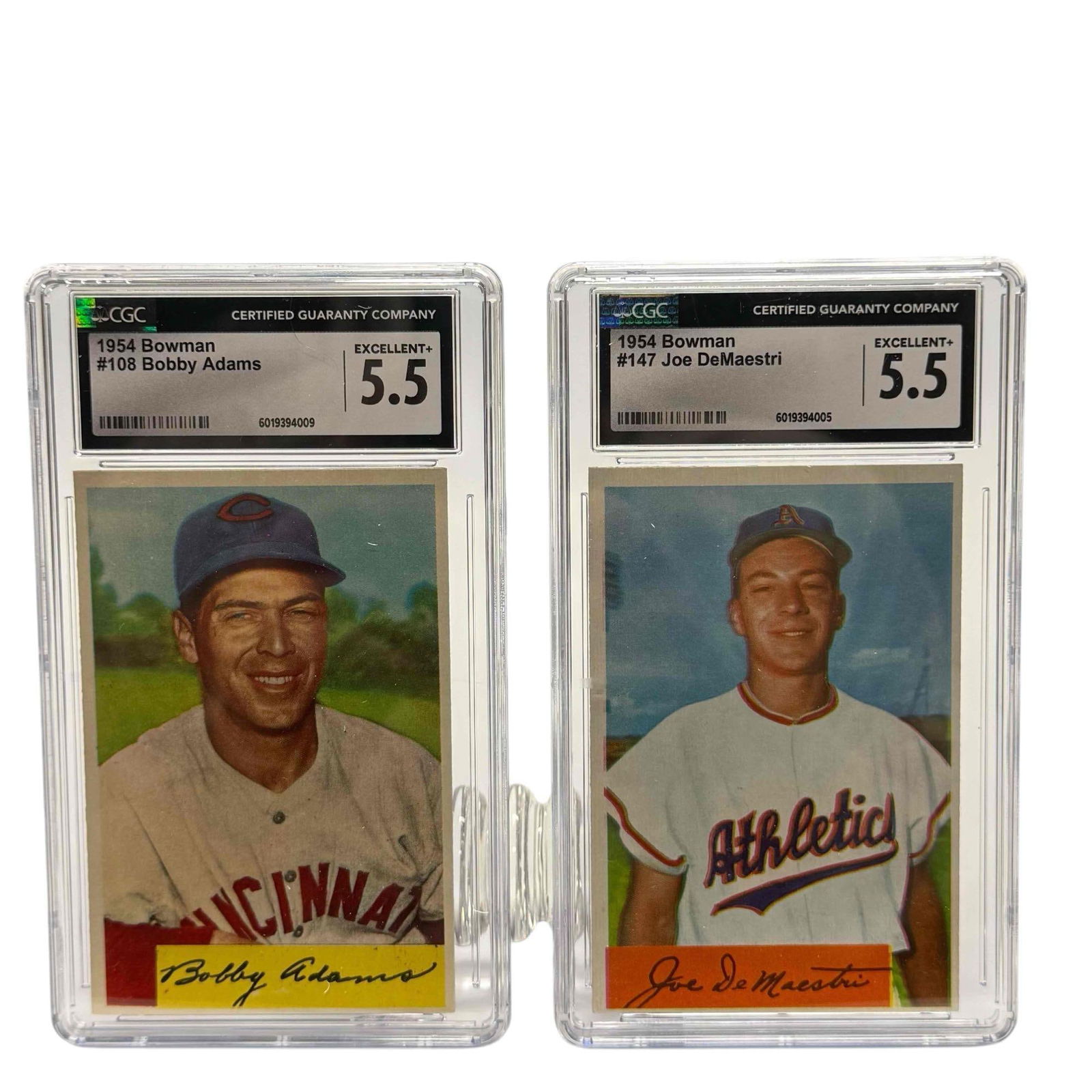1954 Topps Bobby Adams and Joe DeMaestri CGC 5.5: Two great cards that have been grade EX+ by CGC. Sharp and clean!