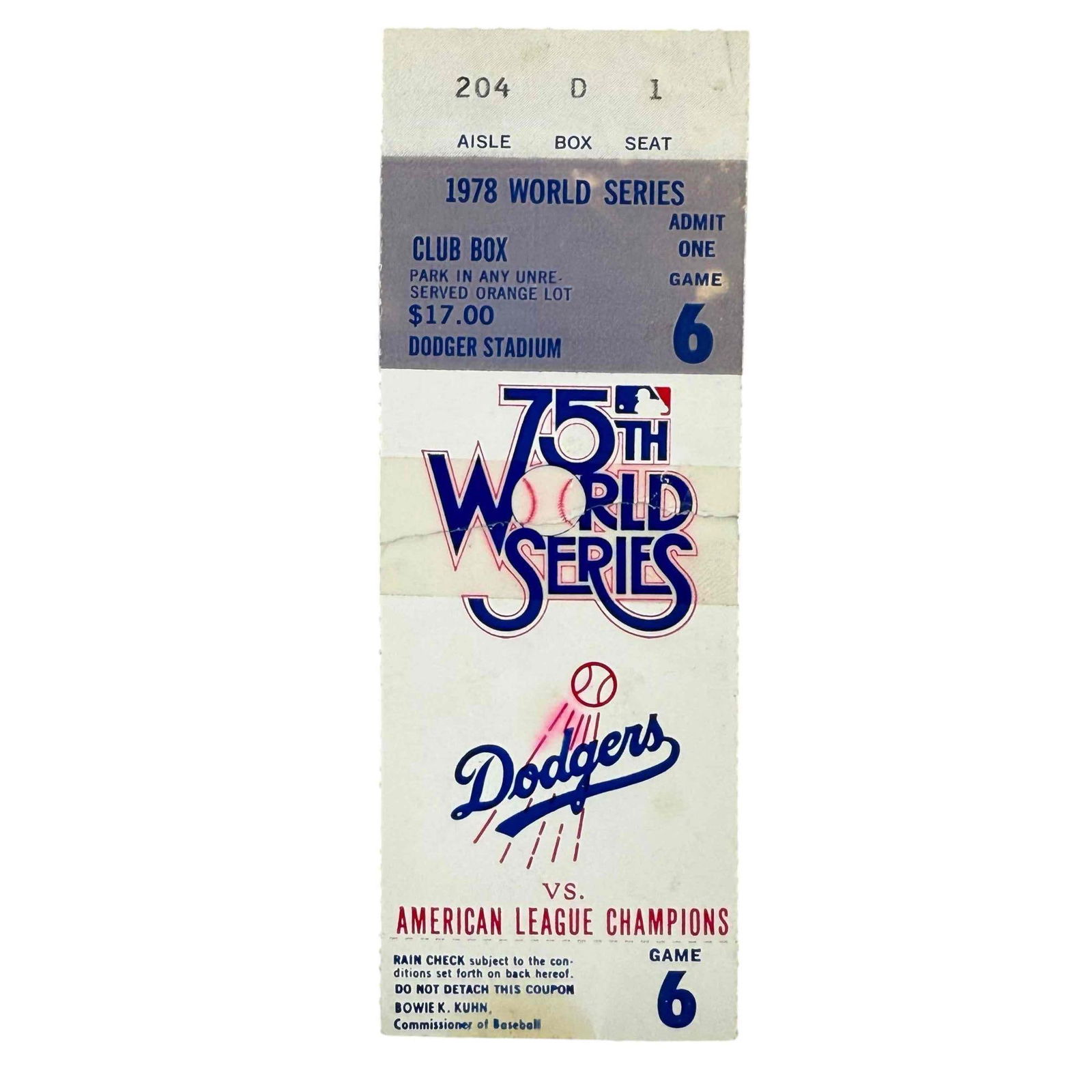 1978 World Series Ticket Game 6 Dodgers vs Yankees: Final game of the World Series that saw the Yankees won 4 games to 2. Reggie Jackson homered in this game to help put it out of reach. This would ultimately br Thurman Munson's last postseason game as