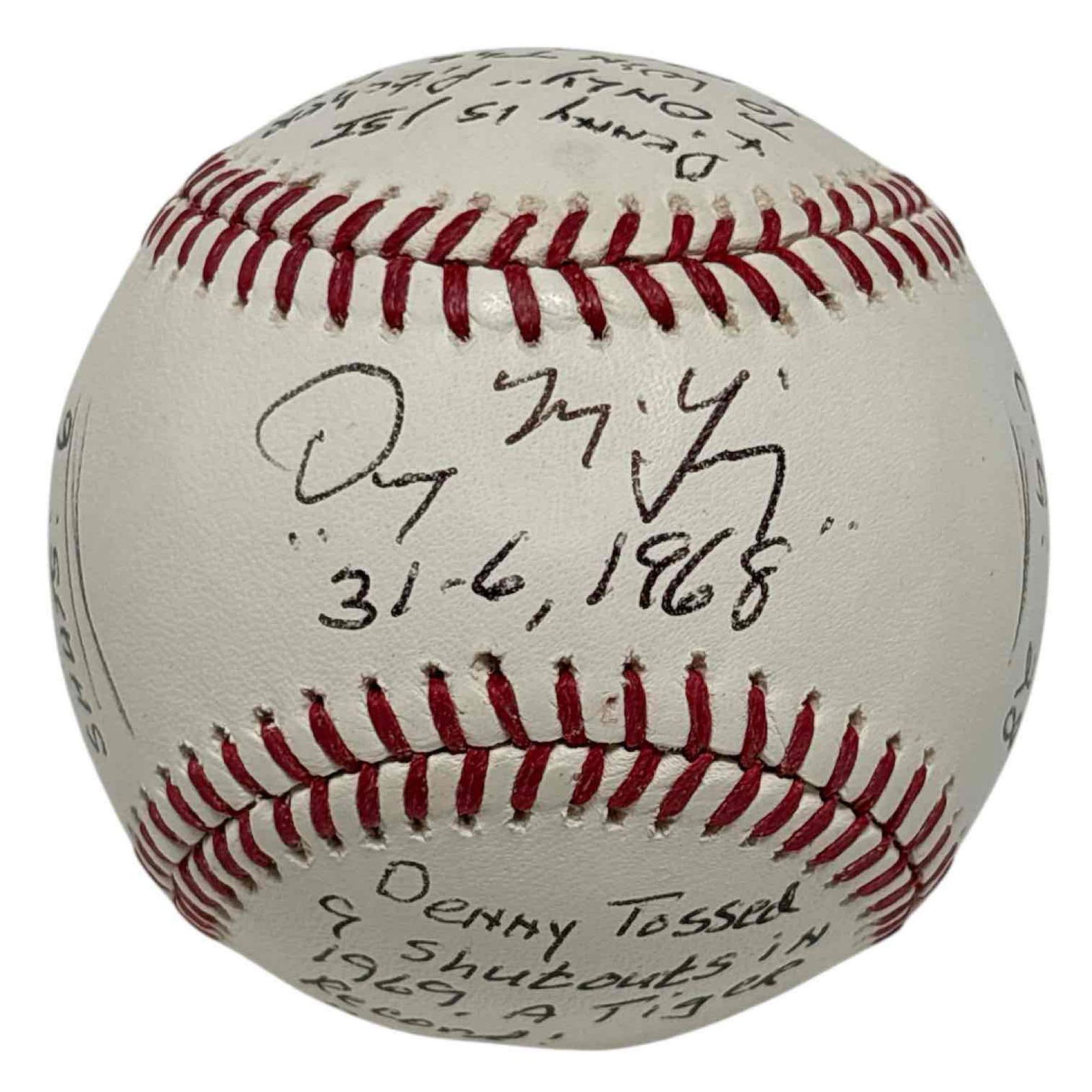 Denny McLain Incredible STAT and Career Highlight Signed Baseball: Official MLB baseball with signature, stats and career highlights in black pen by the 30 game winner!
