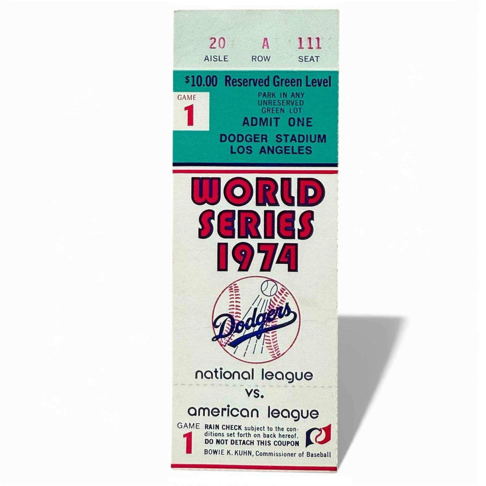 1974 World Series Game 1 Ticket LA Dodgers vs Oakland A's: The series in California. The A's won the first game, with help from a Reggie Jackson homer. They eventually took the series 4-1. Reserved Green Level ticket at Dodger Stadium.