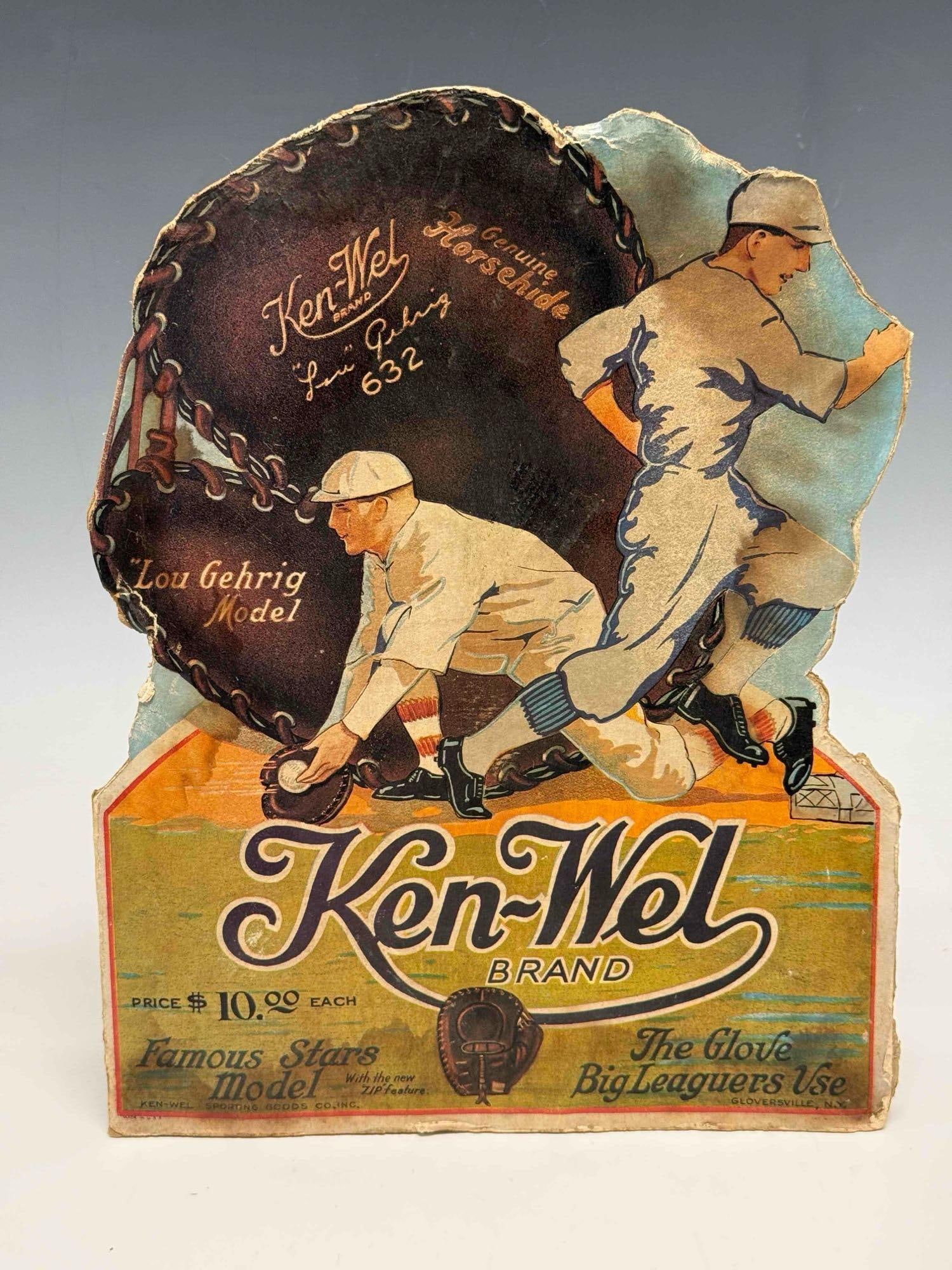 Vintage Ken-Wel Lou Gehrig Store Model Glove Promo Display: Approx 10x14 thick stock advertisement. There is no hole at the top as commonly found for hanging. There is, however an easel back type of stand as it was intended for counter top display. Signs of ag