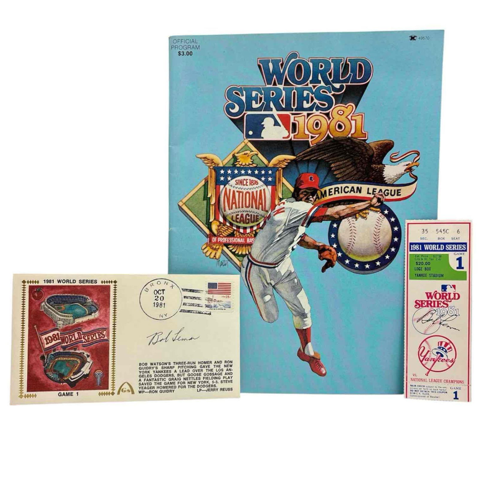Bob Lemon Autographed 1981 World Series Game 1 Ticket and FDC (1 of 13)