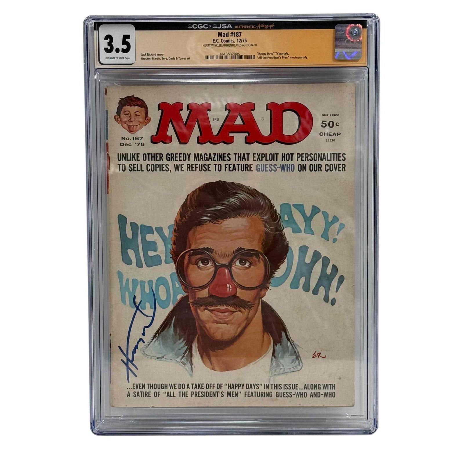 Henry Winkler Signed 1976 Mad Magazine CGC x JSA 3.5: Slabbed Mad #187 featuring Henry on the cover. Blue marker signature. Graded 3.5 by CGC. What a cool piece of pop culture that takes us back!
