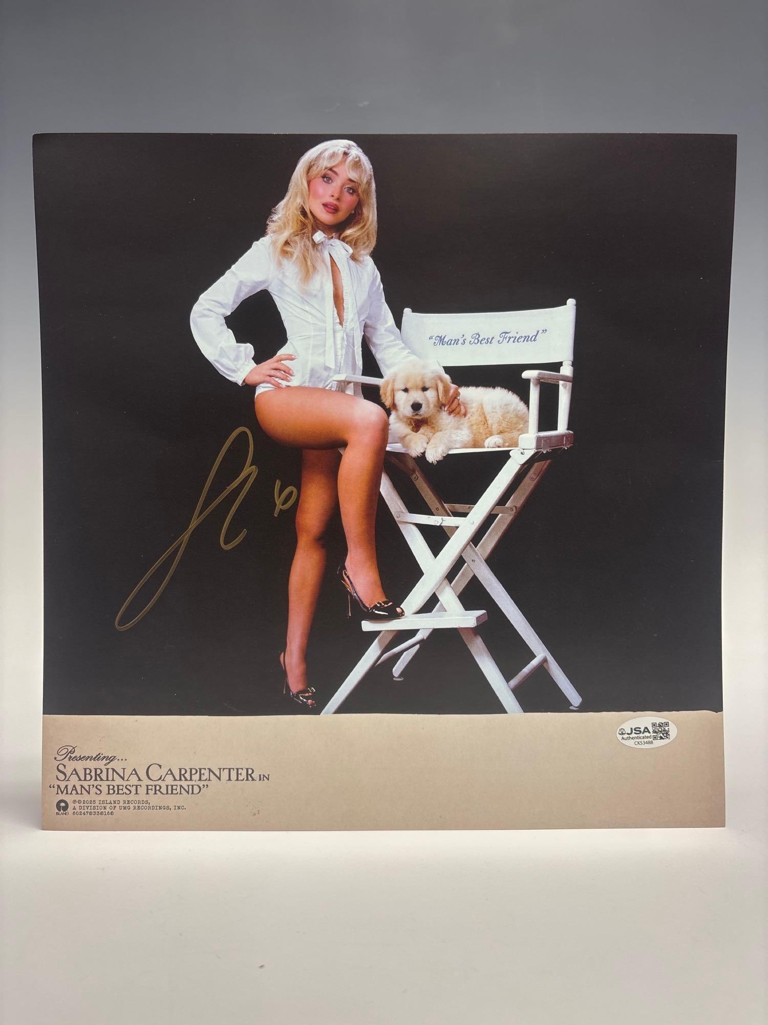 Sabrina Carpenter Autographed Man's Best Friend Album Insert: 11x11 album insert with a sharp looking autograph in gold. What a great display! JSA certified.
