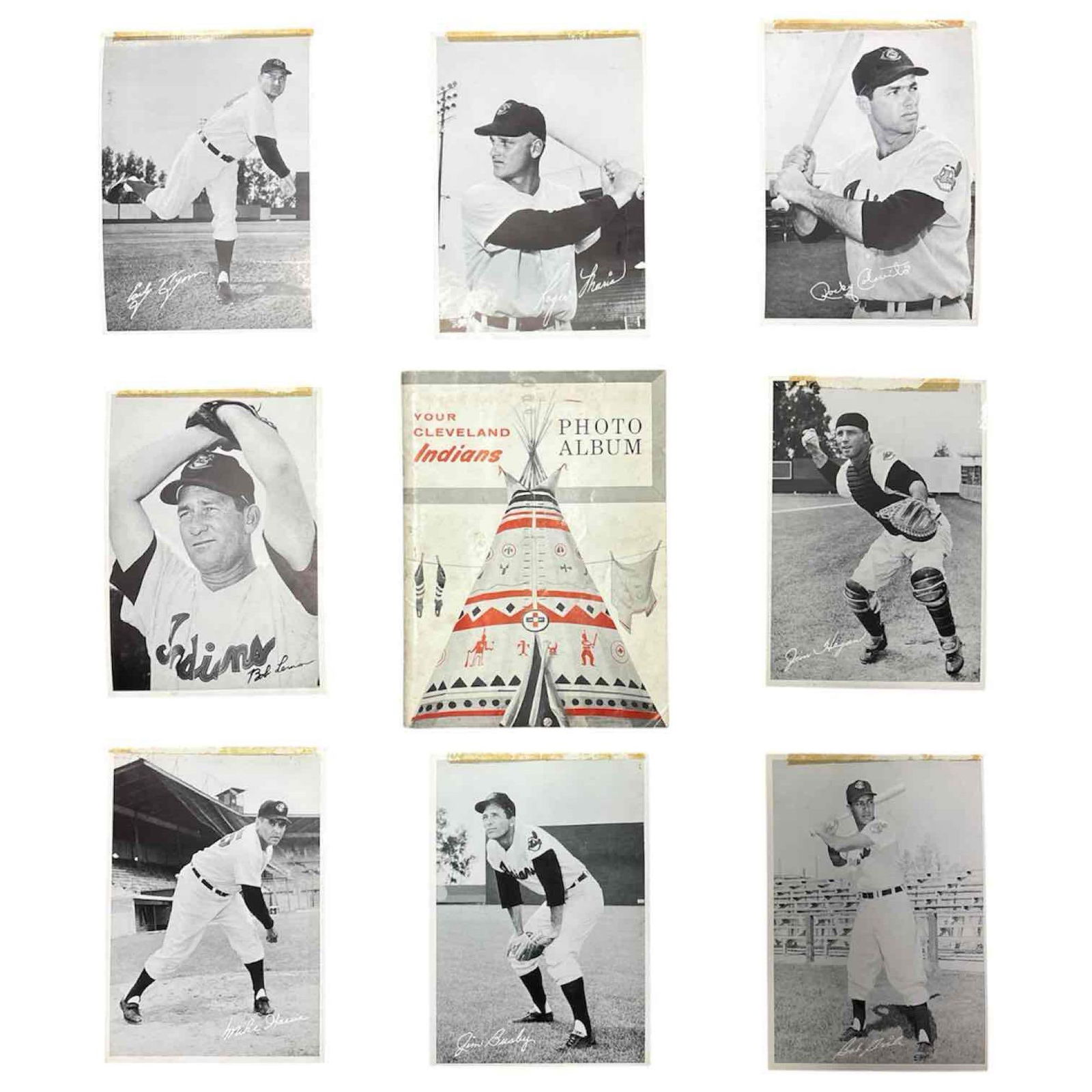 1957 Sohio Cleveland Indians Photo Album Cards w/ Roger Maris: Album with 15 of the player photo cards included. Each one has tape residue at the top. Roger Maris, Rocky Colavito, Early Wynn, Bob Lemon, Jim Hegan, Mike Garcia and others. No Herb Score noticed.