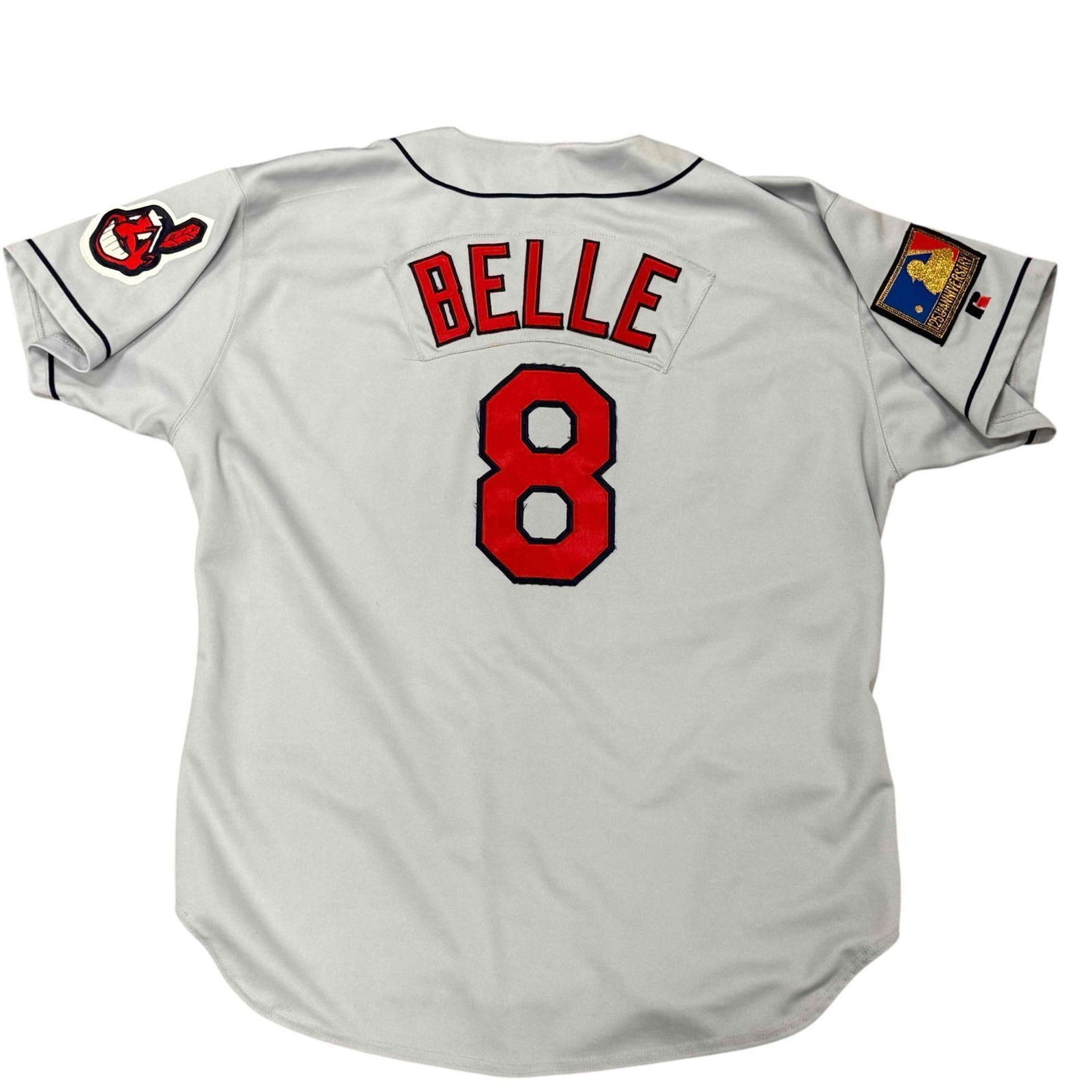 Albert Belle Game Used 1994 Cleveland Indians Jersey: Russell Athletic size 50 jersey with tagging and patch from 1994 season. Road game jersey worn by the fierce slugger during the strike shortened season. A rare find and must have for any Cleveland Col
