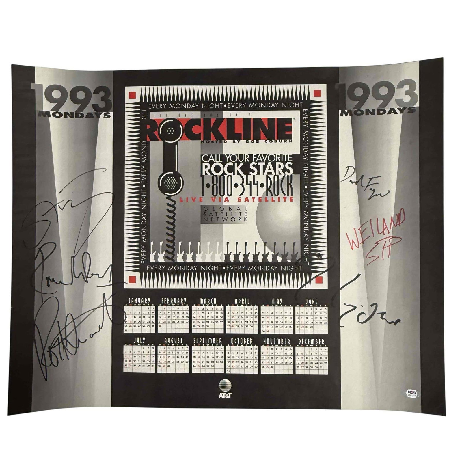 RARE 1993 Original Rockline Poster Signed Rod Stewart, Sting, Scott Weiland: Approx 26.5 X 21.5 inch original poster from the one and only Rockline series that had lucky callers speak to musicians. Comes with original COA when issued in 1993 as well as PSA/DNA LOA. Signed by S