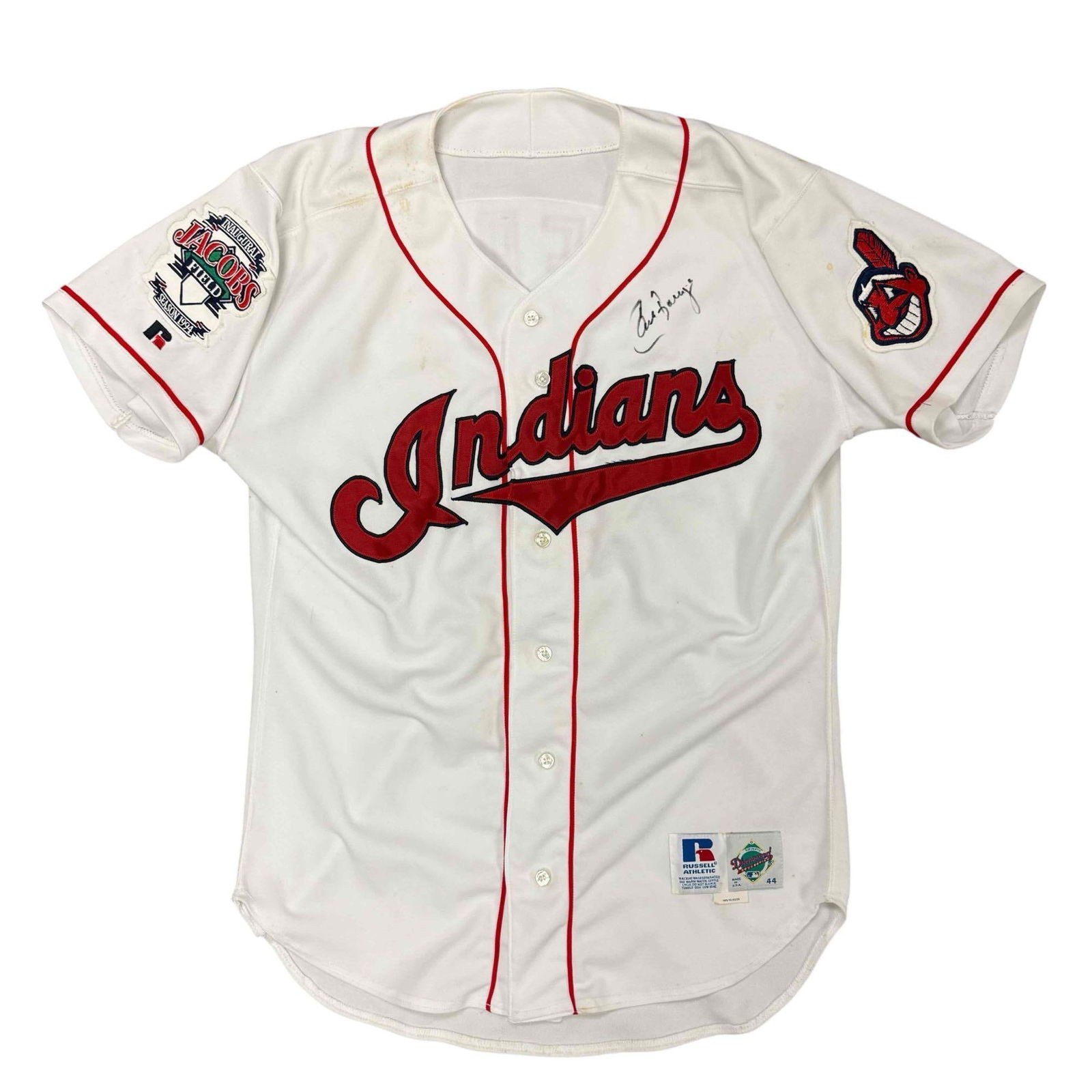 Carlos Baerga Autographed 1994 Cleveland Indians Jersey: Size 44 home Baerga jersey with the Inaugural Jacobs Field patch on the sleeve. Black marker signature on the front of the jersey.