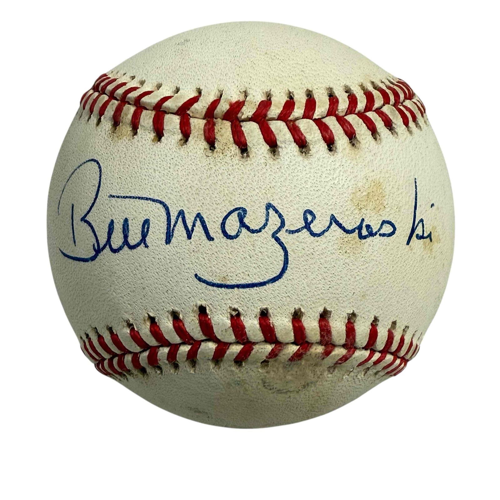 Bill Mazeroski Autographed Baseball Pittsburgh Pirates JSA: Official Leonard Coleman baseball signed on the sweet spot in blue pen by the HOF hero best remembered for his walk off home run th the World Series to beat the Yankees. Bold signature by Maz. JSA cer