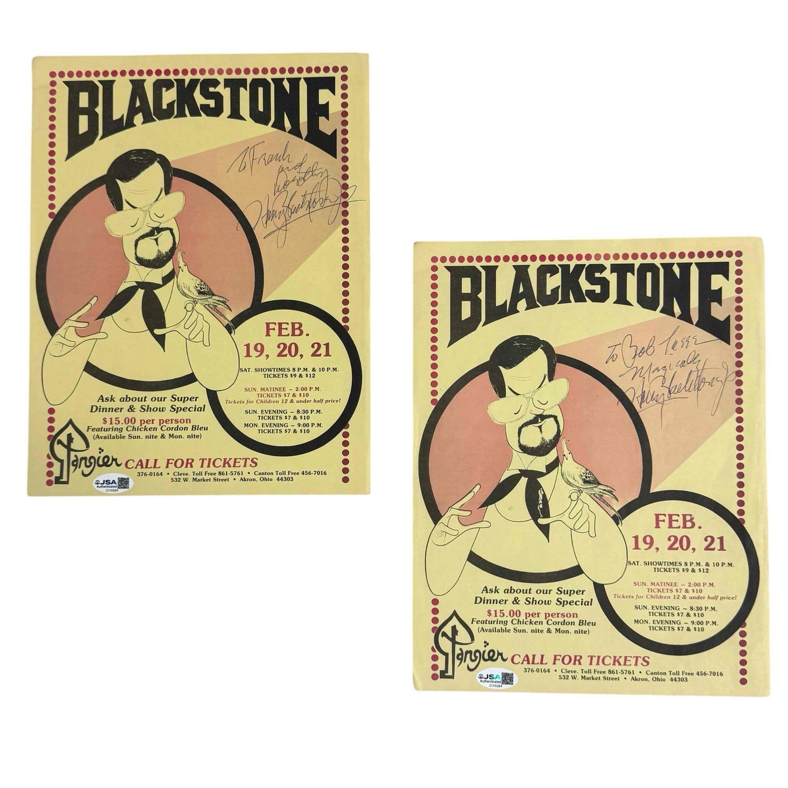 (2) Harry Blackstone Jr. Autographed Flyers from Tangier in Akron JSA (1 of 12)