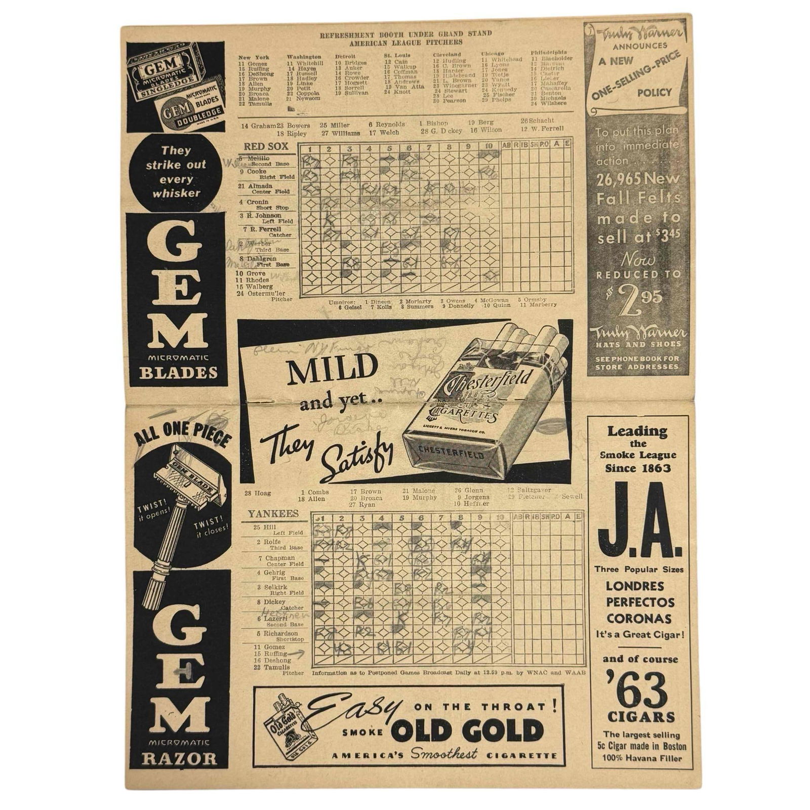 1935 New York Yankees Scorecard @ Fenway Park Lou Gehrig Boston Red Sox (1 of 16)