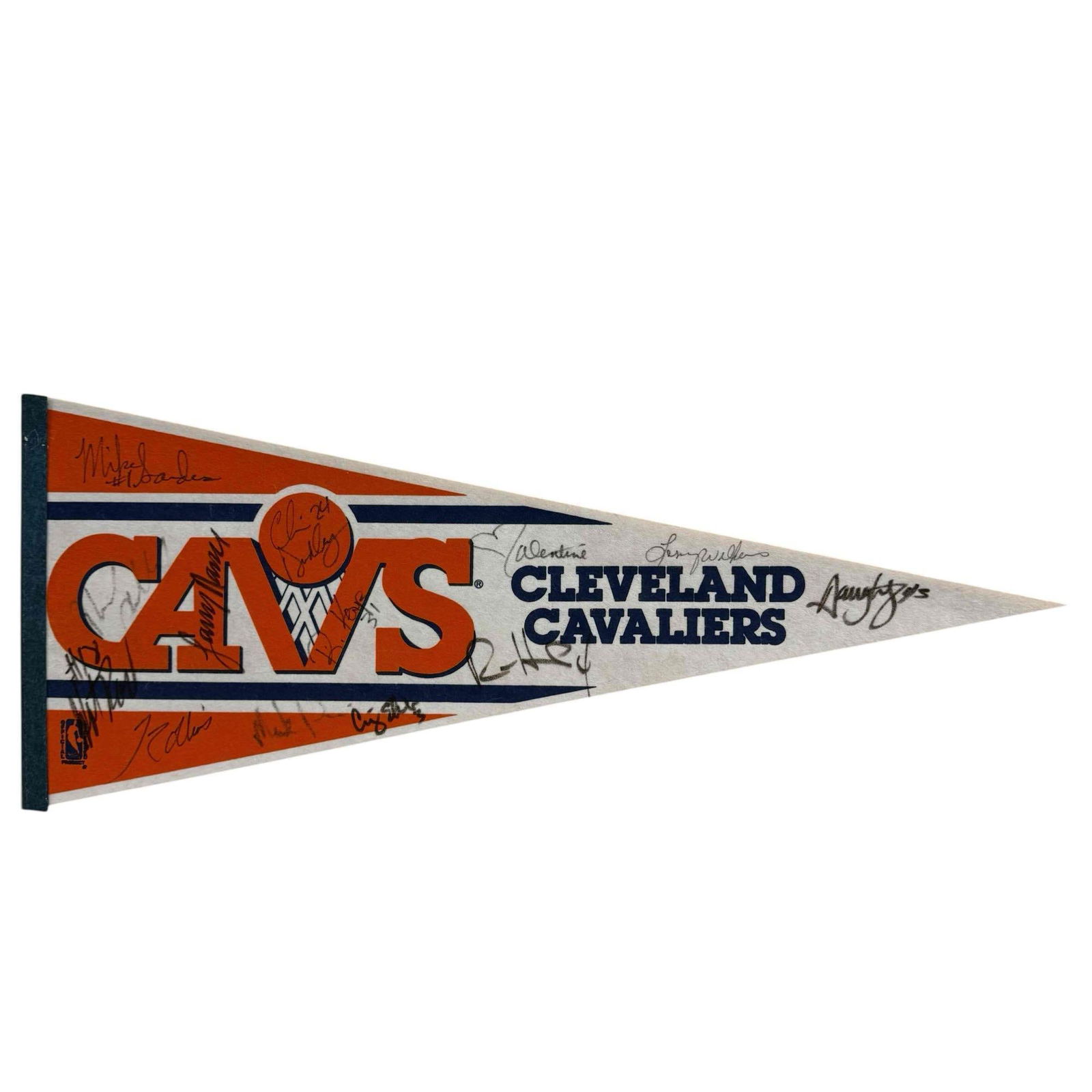 1988-89 Cleveland Cavs Team Signed Pennant: Full sized pennant signed by (13) members of the squad in black marker. This is lightly adhered to matting for framing. Lenny Wilkins, Brad Daugherty, Ron Harper, Darnell Valentine, Craig Ehlo, Chris