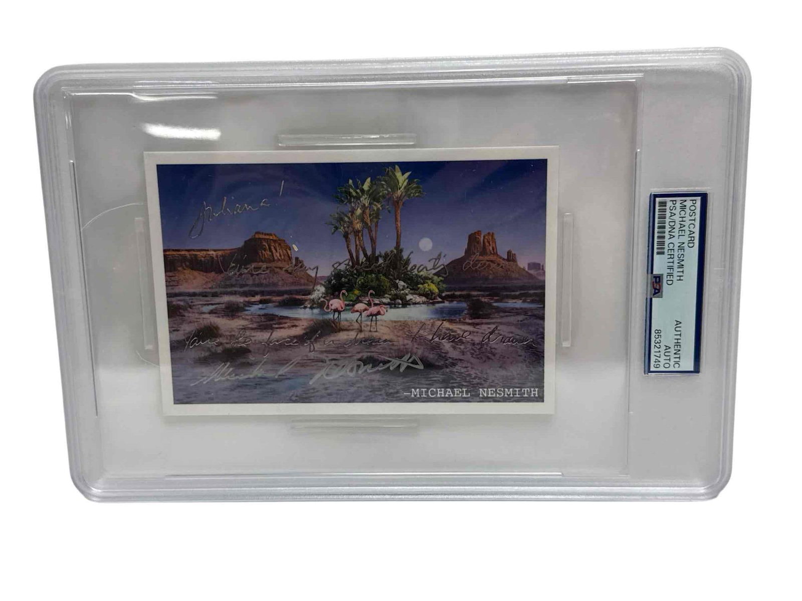 Michael Nesmith Autographed Video Ranch Postcard PSA: 4x6 color color post card from Videoranch with the photo from the1992 album Tropical Campfires. Printed lyrics for the last verse of the song Juliana. Silver signature by the legendary musician and me