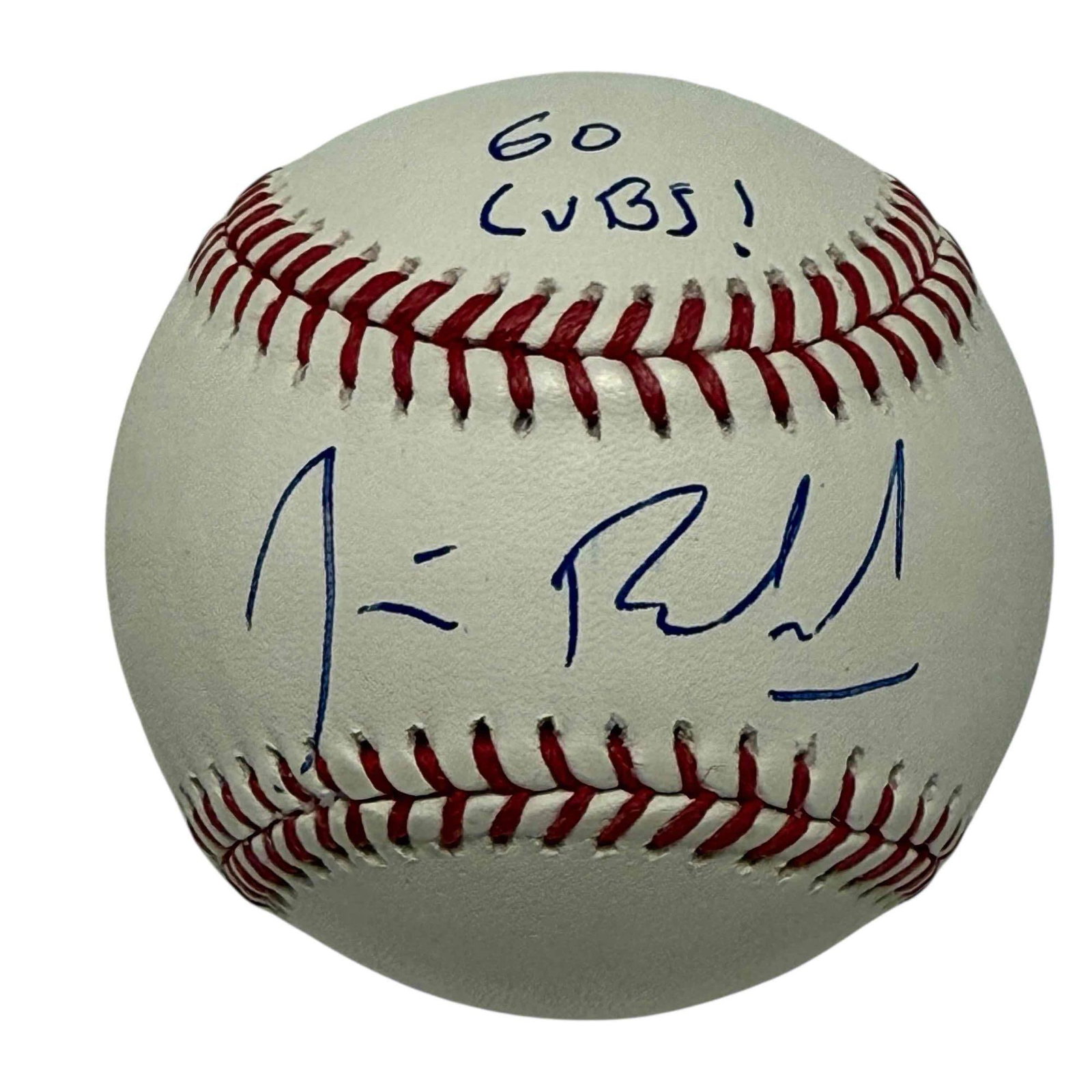 Jim Belushi Signed and Inscribed Go CUBS! Baseball JSA: Official MLB baseball signed on the sweet spot in blue. Belushi included "GO CUBS!" on the panel above his signature. JSA certified.