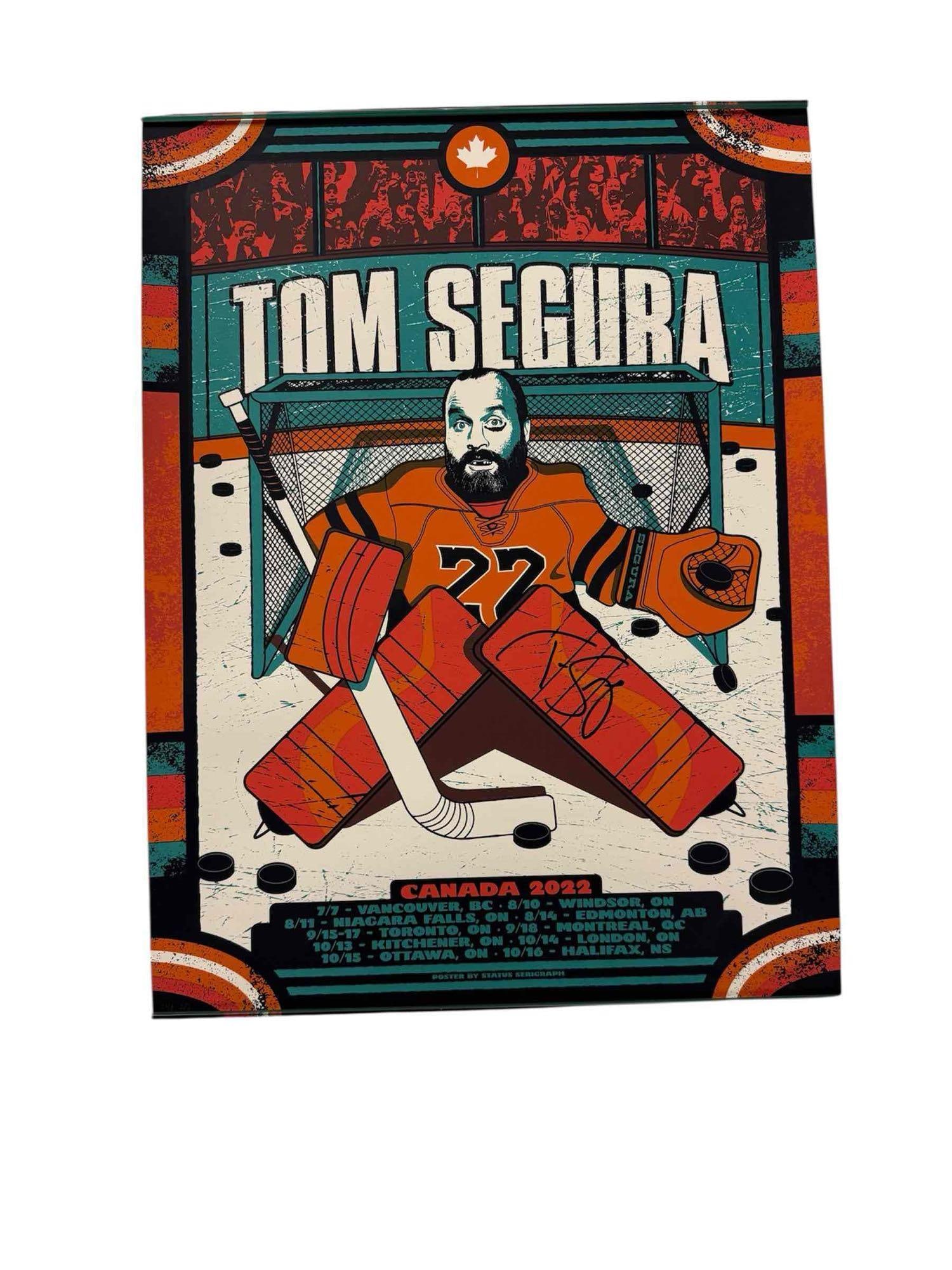 Tom Segura Autographed 2022 Canada Tour Poster: Colorful 18x24 poster from Tom's shows in Canada. Black marker signature on the poster featuring what else, but hockey!