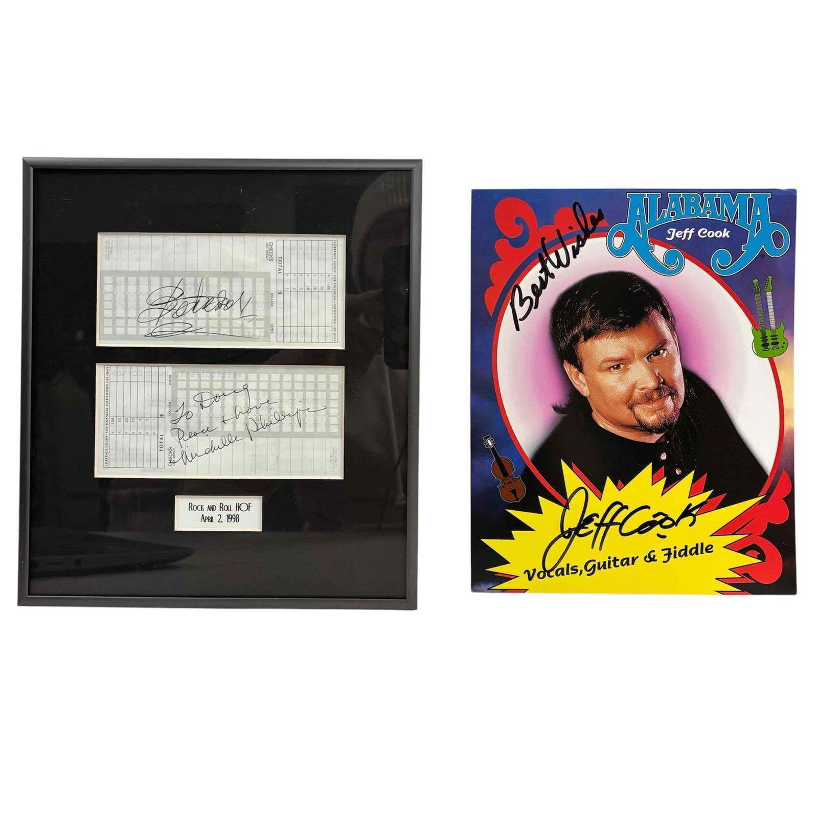 Bo Diddley, Michelle Phillips and Jeff Cook Autographs: Three autographs of the musicians; Phillips and Diddley signed bank deposit forms that have been framed up. Also an 8x10 promo signed by Jeff Cook of Alabama.