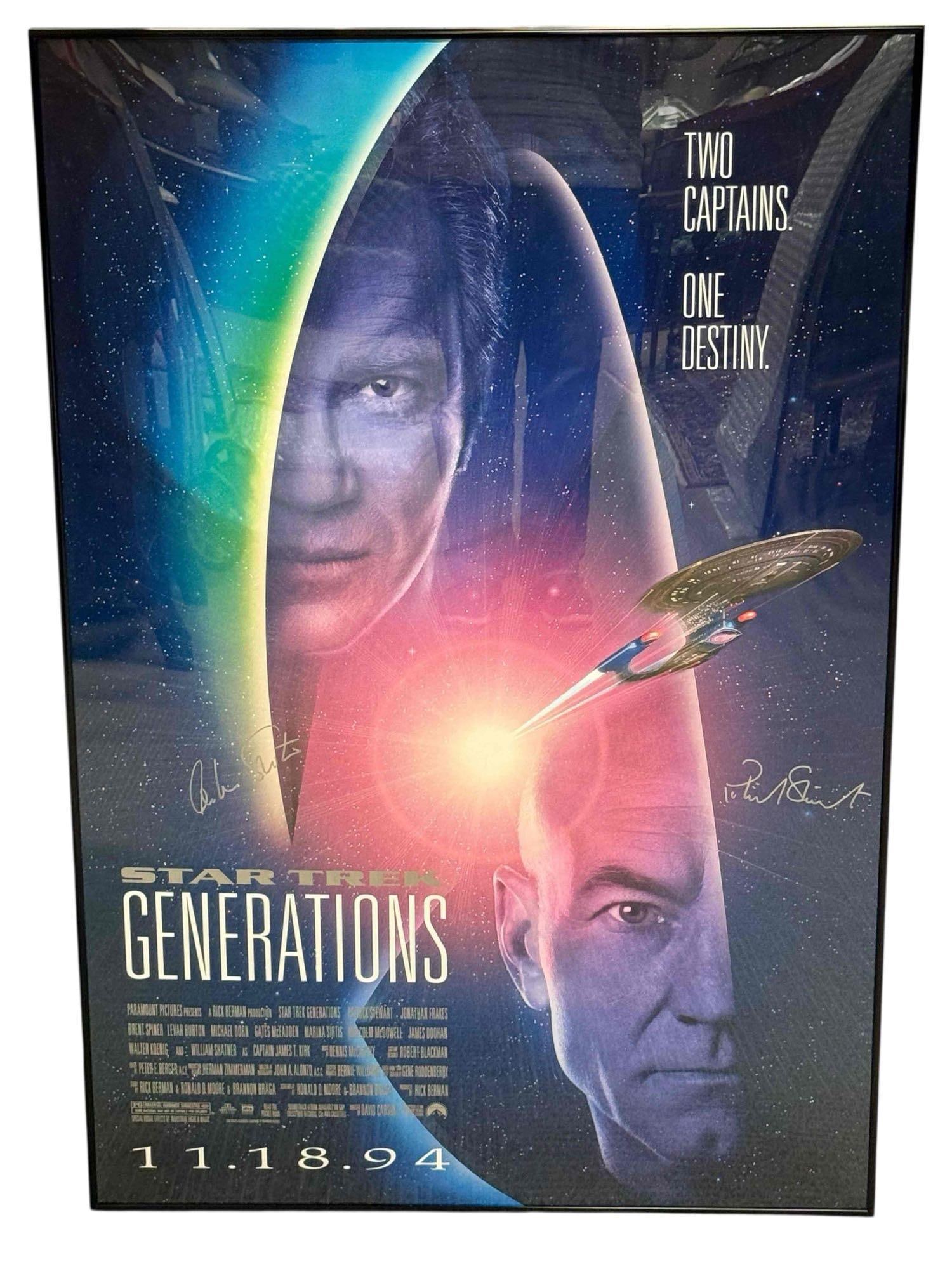 William Shatner and Patrick Stewart Autographed Star Trek Generations Poster: Framed poster from the 1994 movie that has been signed in gold by both pop culture legends. COA from Goldin/Scoreboard from when originally issued.