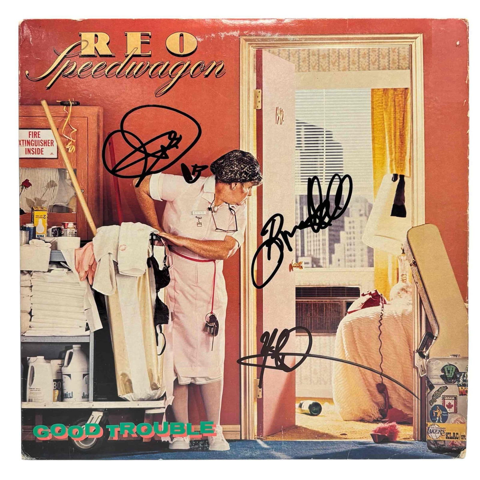 REO Speedwagon Autographed Good Trouble Album Cover JSA: 1980's vinyl signed on the cover by Kevin Cronin, Neal Doughty and Bruce Hall in black marker. Great find for the music collector in your life! JSA certified.