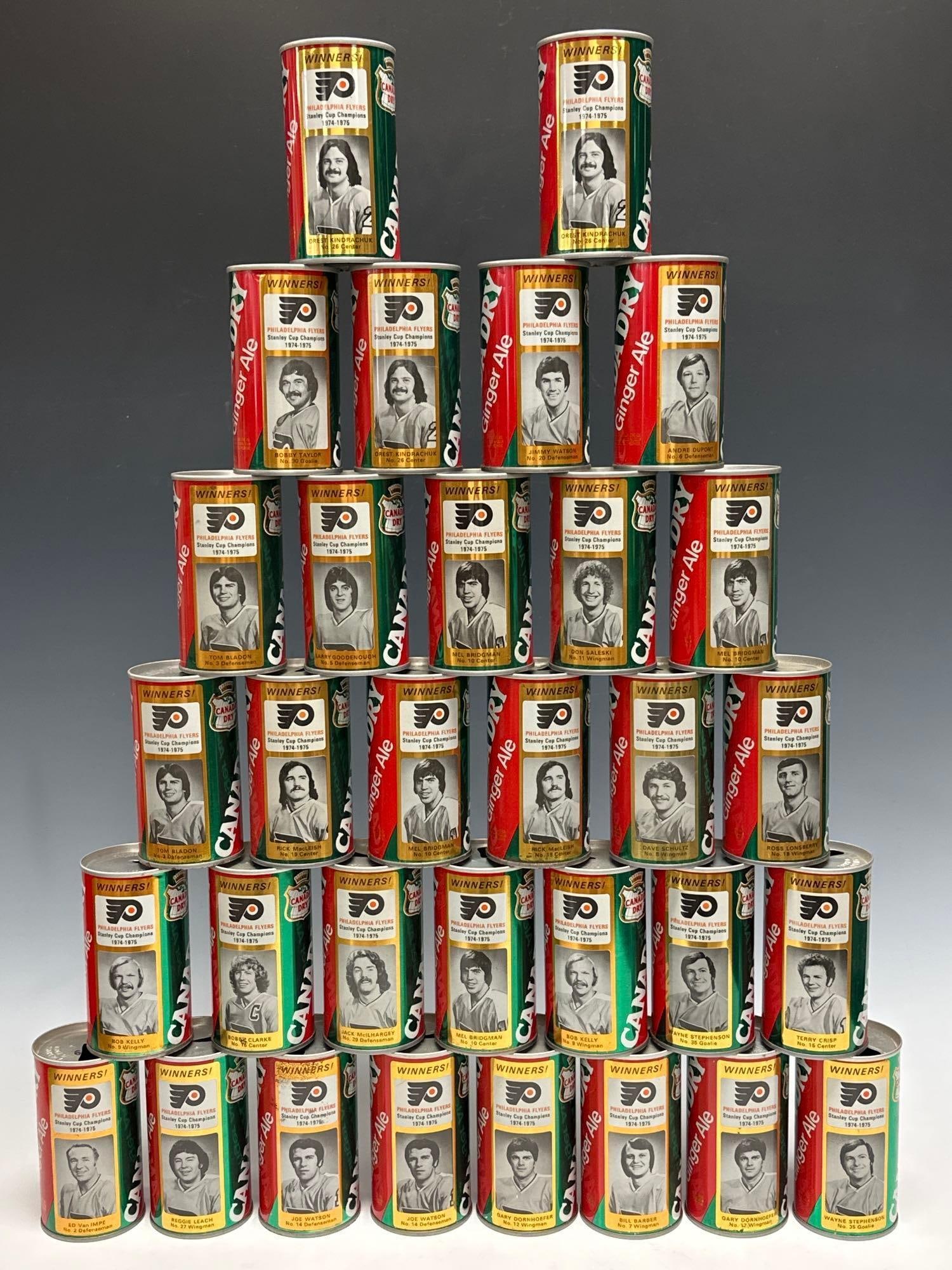 1970's Philadelphia Flyers Canada Dry Can Collection (32): What a collection! These have been stored very well for so many years. Take advantage! Large container for shipping.