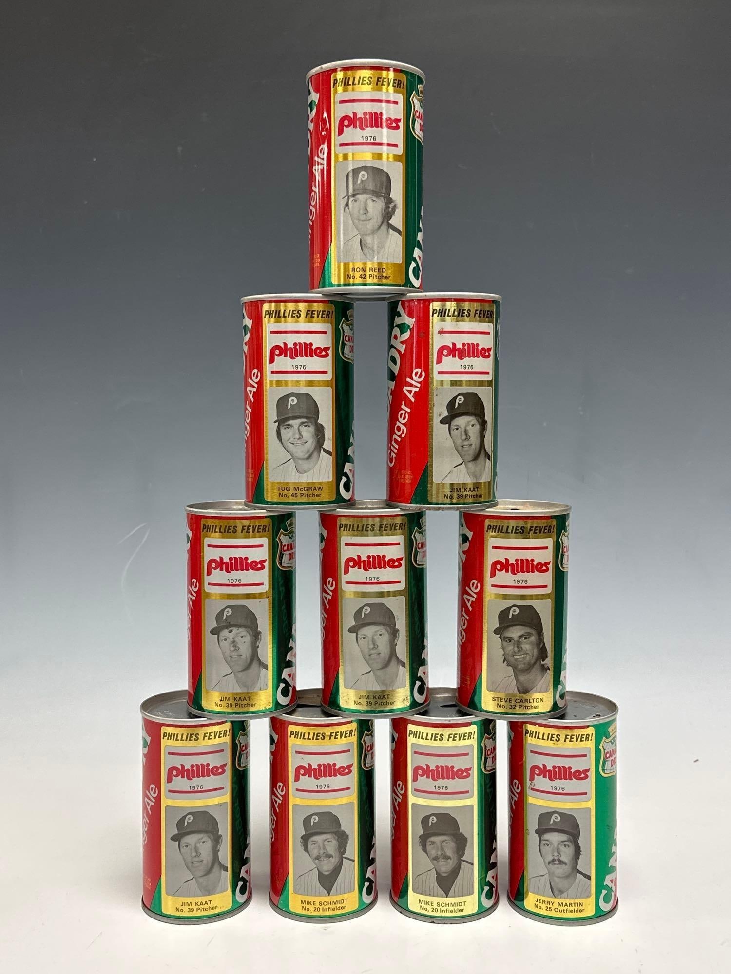 1970's Canada Dry Philadelphia Phillies Cans with Mike Schmidt, etc (56) Total: Think of all of the good times it took to drink all of these cans! Surprisingly well kept after all of these years. Large box to ship.