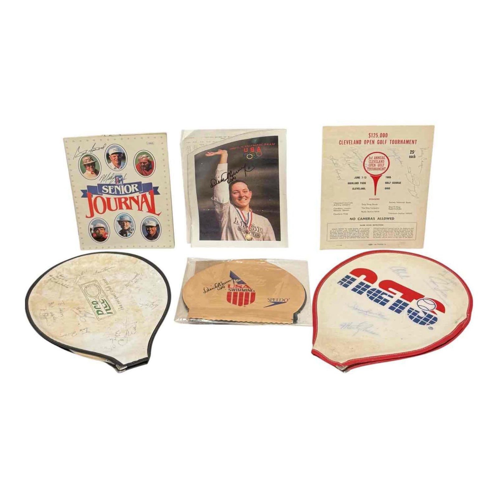 Cleveland Related Olympic, Golf and Tennis Autographs: Several unique items including photo and swimming cap signed by Diana Munz, tennis racket cover signed by various players such as Chris Evert. 1965 Cleveland Open schedule signed by Chi CHi Rodriguez,