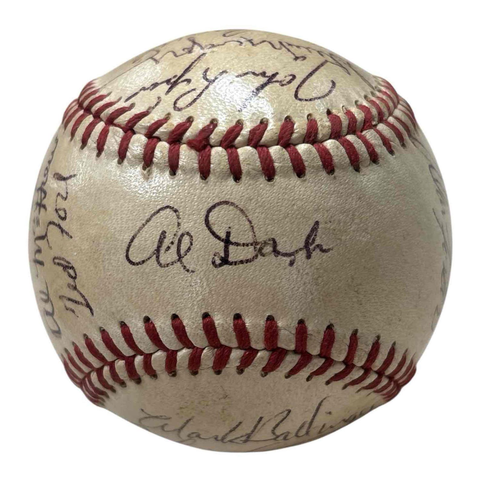 1971 Cleveland Indians Teams Signed Baseball: Official William Harridge baseball with (23) signatures. Al Dark on the sweet spot, Chuck Hinton, Steve Hargan, Eddie Leon, Ted Uhlaender, Ray Fosse, Mrs. Alvin Dark, Gomer Hodge and others. Most sign
