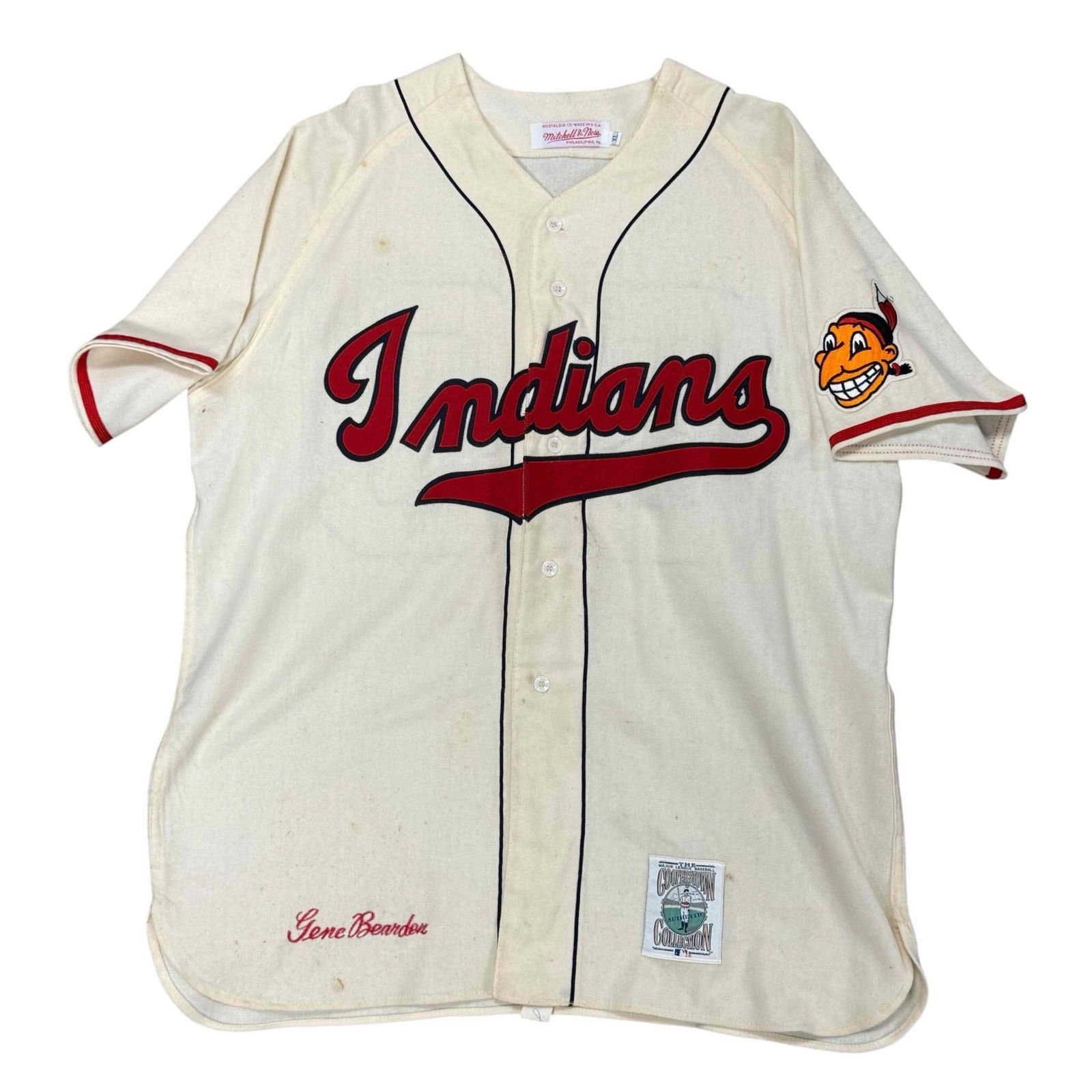 Gene Bearden's Personal 1948 Indians Throwback Jersey: Size XXL Mitchell & Ness Cooperstown Collection jersey with Gene Bearden sewn in. This was made for Bearden to wear for a reunion and or events he attended. This might be the only one that exists?!?!