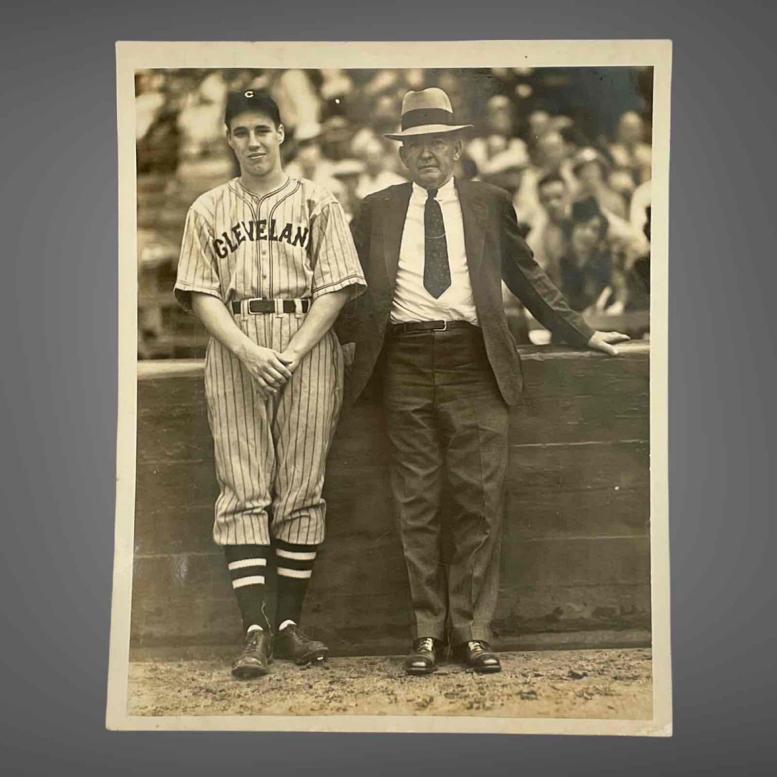 1936 ROOKIE PHOTO OF BOB FELLER BY GEORGE BURKE 8X10 WOW!!!: At first glance Bob is taking a picture with a former ballplayer, Billy Sullivan. Start making some connections and this photo tells an amazing story - and it may be the only one that exists! First of