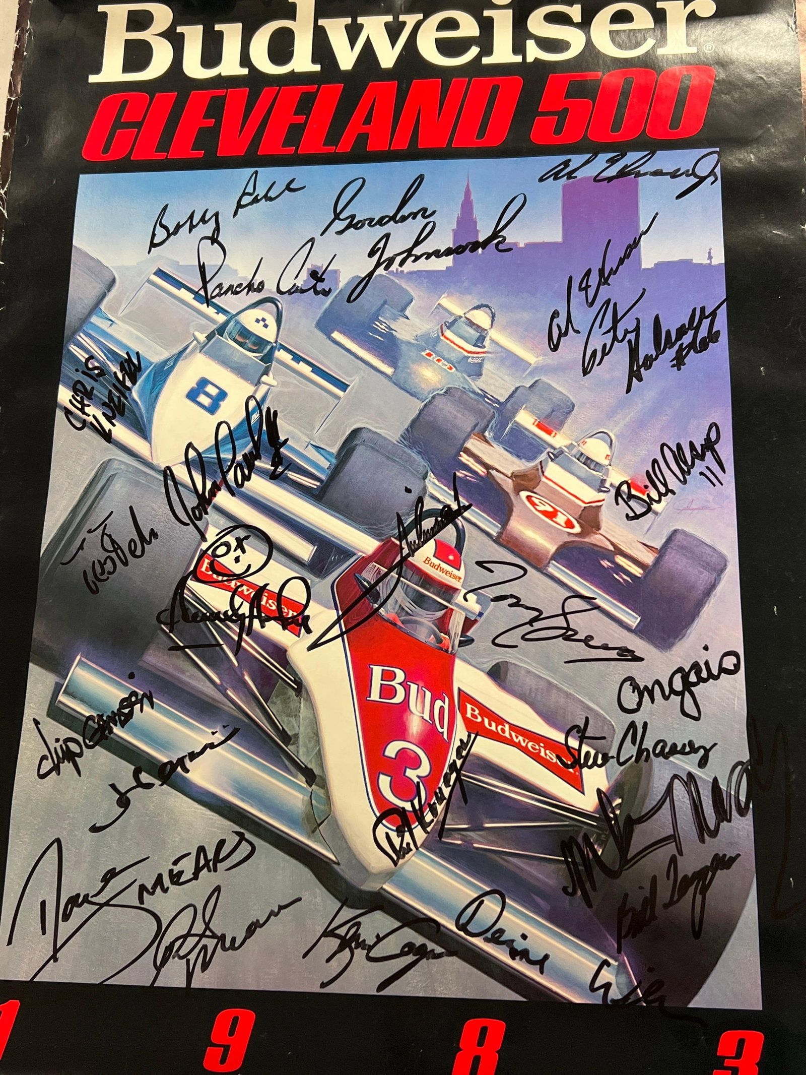 1983 Cleveland 500 Autographed Poster w/ Andretti, Unser, Rahal: 20x28 poster loaded with (25) signatures from one of the first years this event was held at Burke Lakefront Airport. Think of the names that participated in this CART series event! Unser, Unser, Jr.,