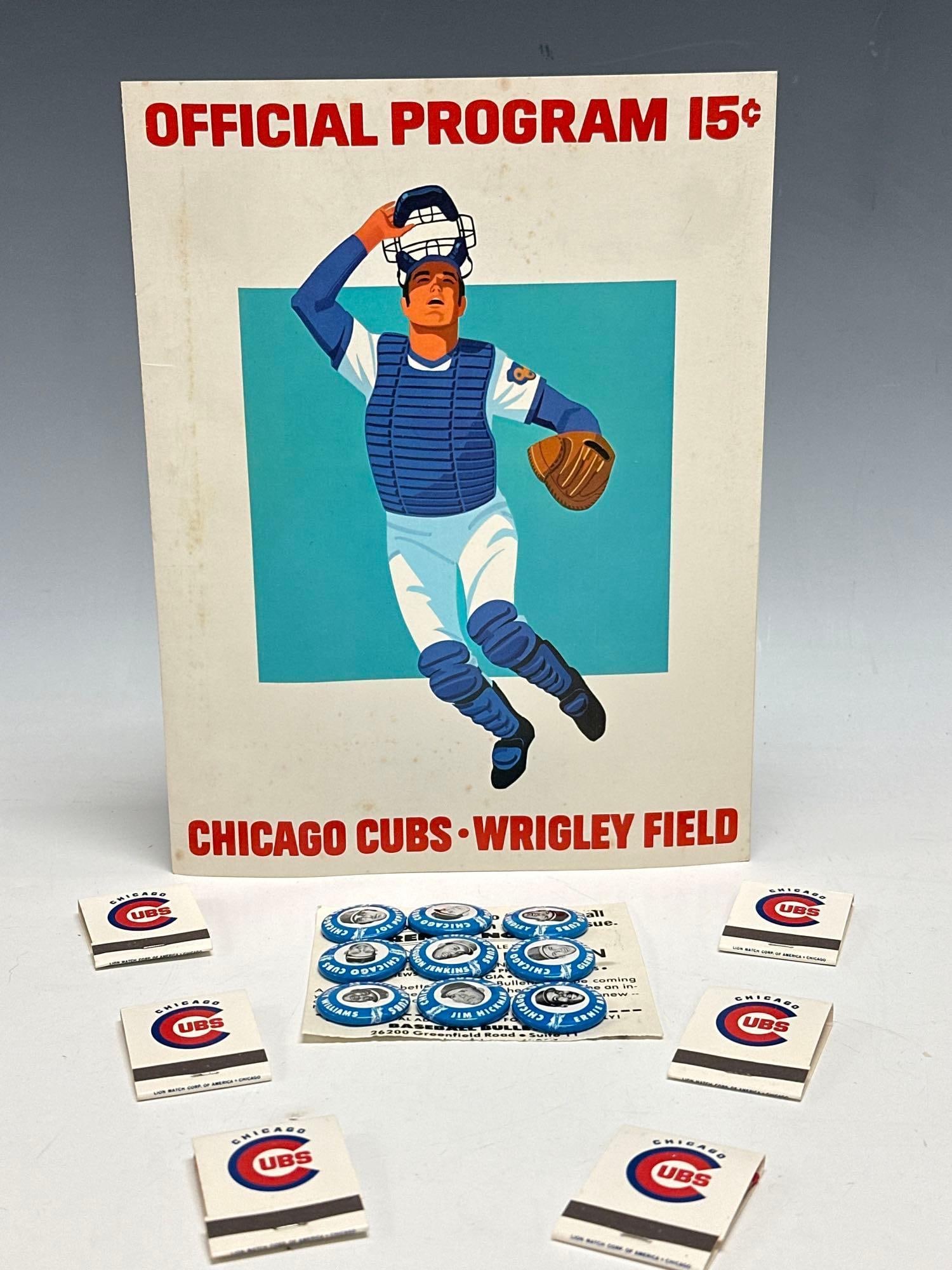 Chicago Cubs 1969 Sunoco Pins Complete Set of 9 + 1973 Program plus Cubs Logo Matches (1 of 13)