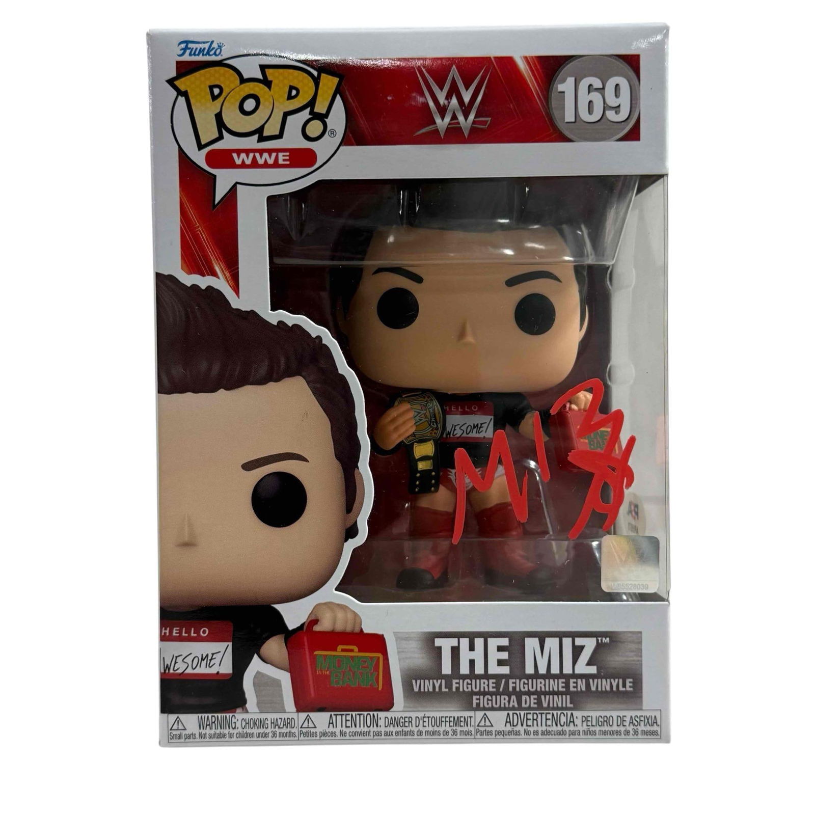 The MIZ Autographed WWE Funko Pop! PSA: Funko Pop! WWE #169 signed on the window in red. Classic Miz signature. PSA certified.