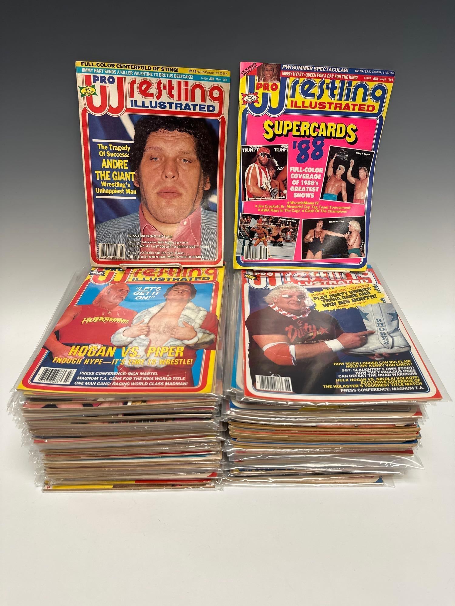 1980's Pro Wrestling Illustrated Magazines Total of 83: Pro Wrestling Illustrated magazines from the 1980's and a few 1970's with many/most having original insert pin-up posters. Total of 83 magazines. In used age appropriate condition, see photos.