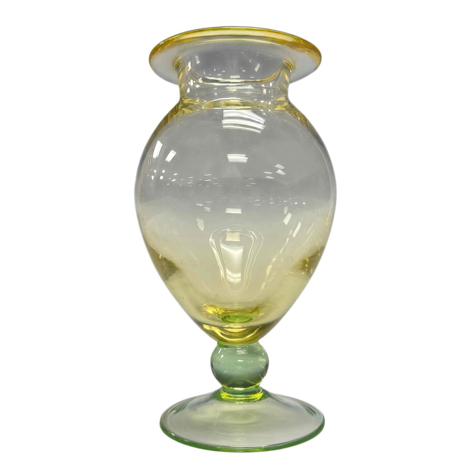 TIFFIN Art Glass Yellow Bulbous Pedestal Vase (1 of 14)