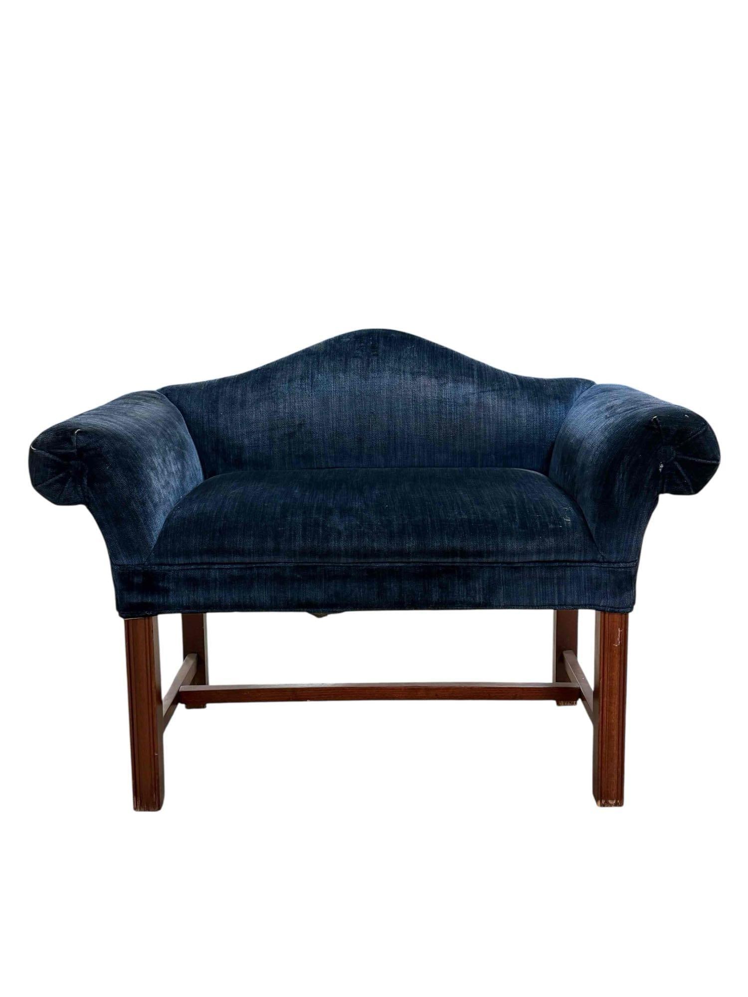 Chippendale Camelback Childs Settee: Chippendale camelback child's love seat or settee. Blue upholstered with mahogany wood and a stretcher base. Measures approx 28"H x 40"W x 19" D, seat ht of 19". Some minor wear on the legs.