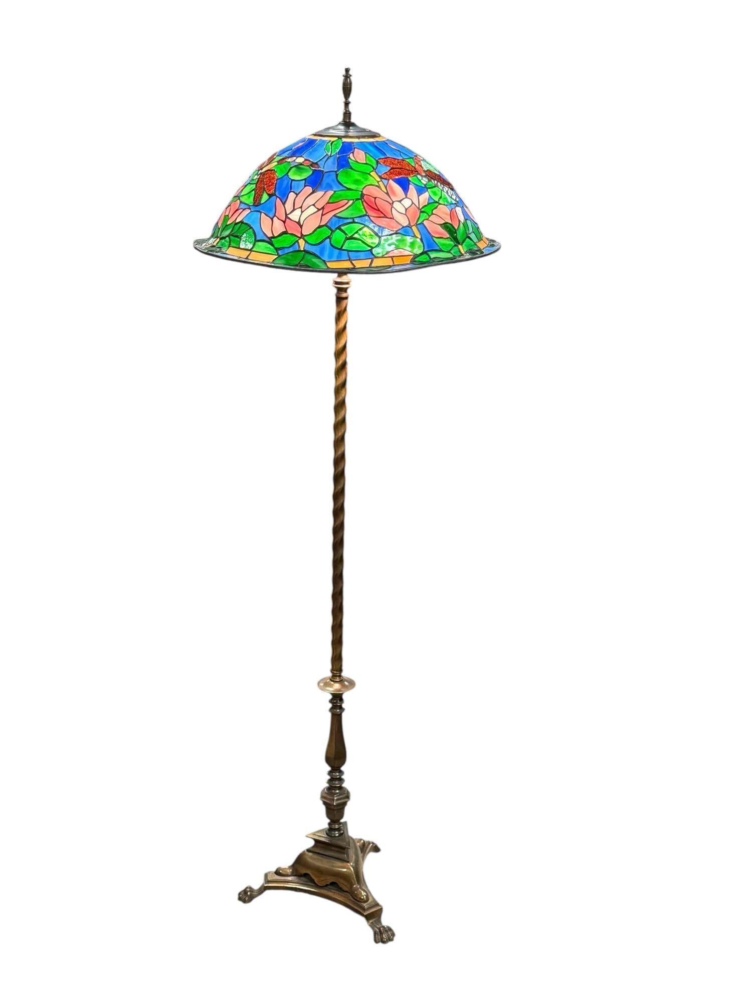 Pink Lotus Dragonfly Stained Glass Barley Twist Floor Lamp (1 of 20)