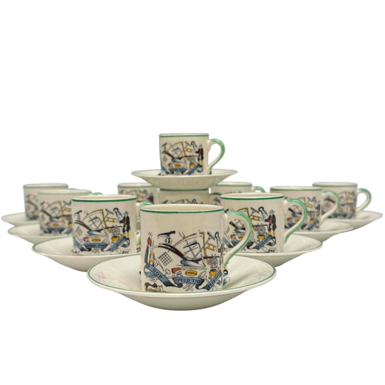 Portland Pottery Farmers Arms Cups and Saucers (11) Sets: Portland Pottery Cobridge Farmers Arms "God Speed the Plough" cups and saucers service for eleven with 11 cups 2.25" tall and 11 saucers 4.75" diameter. In good age appropriate condition with just one