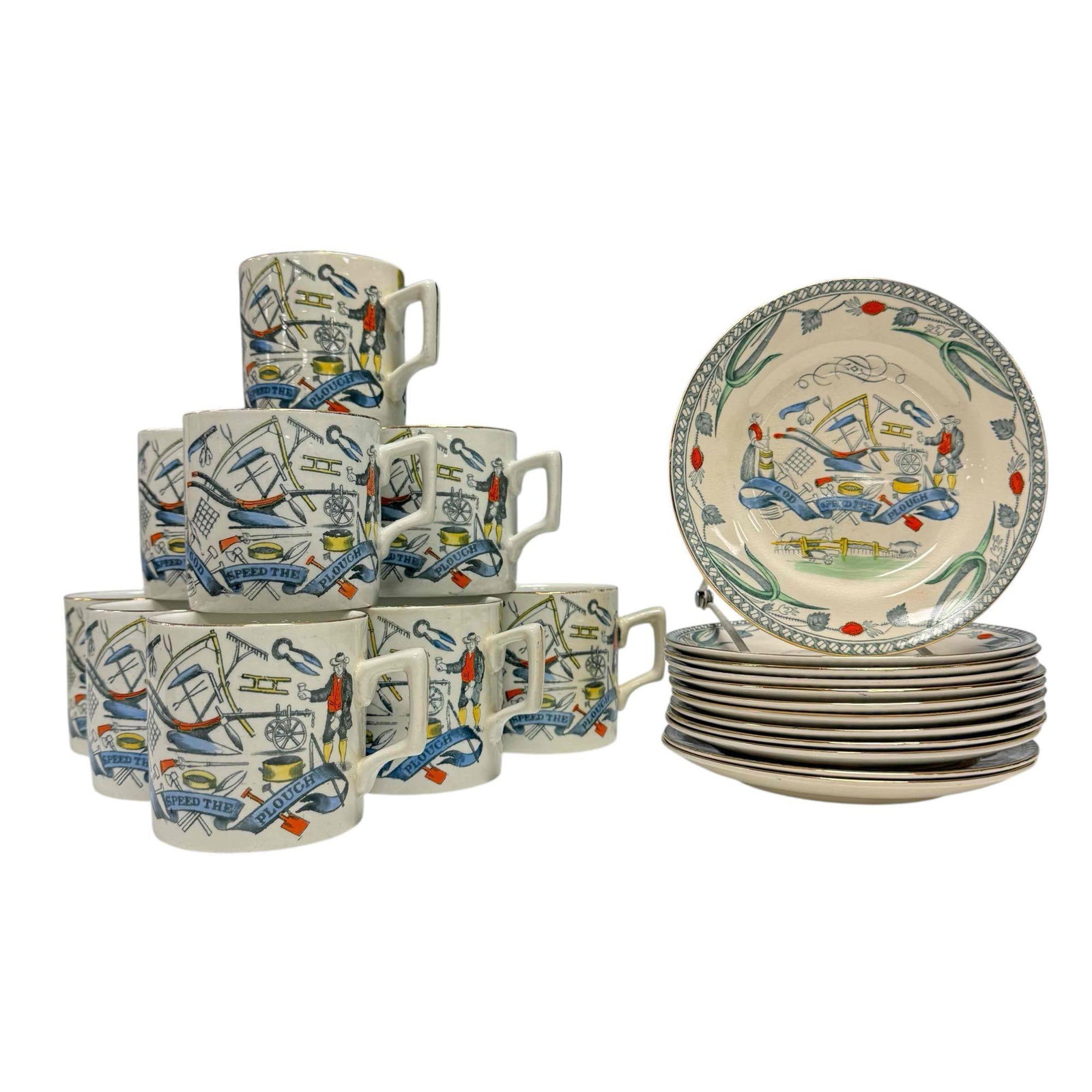 Burgess and Leigh Farmers Arms "God Speed the Plough" Cups and Saucers: Burgess and Leigh England Farmers Arms "God Speed the Plough" service for ten cups and saucers. Ten 3.25" tall cups and twelve 6 1/8" diameter saucers. In good age appropriate condition with no breaks