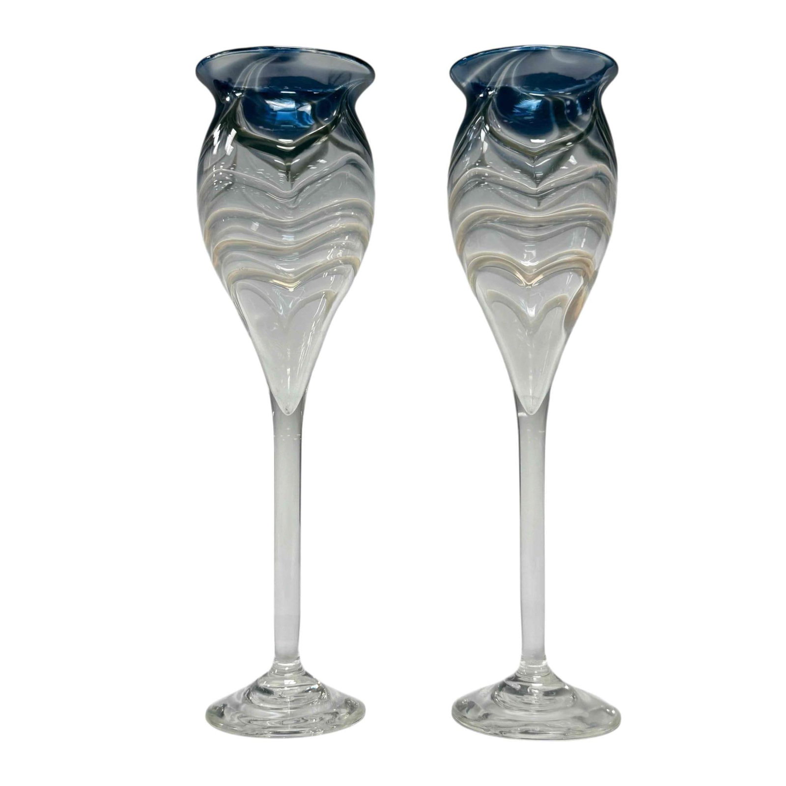 Nancy Freeman Pulled Feather Art Glass Champagne Flutes Signed (2) (1 of 19)