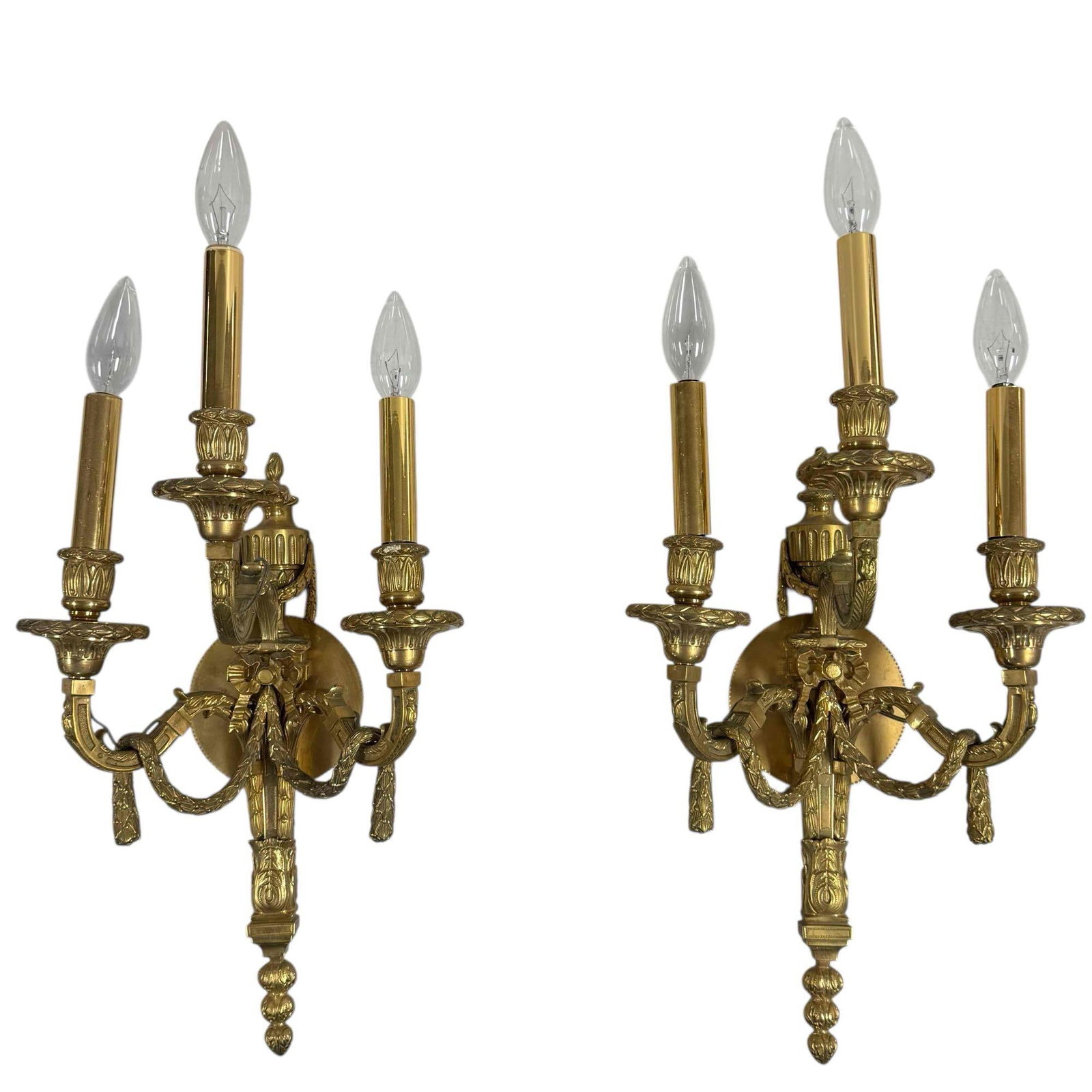Louis XVI Style Gold Gilt French 3-Lights Wall Sconces (2) (1 of 20)