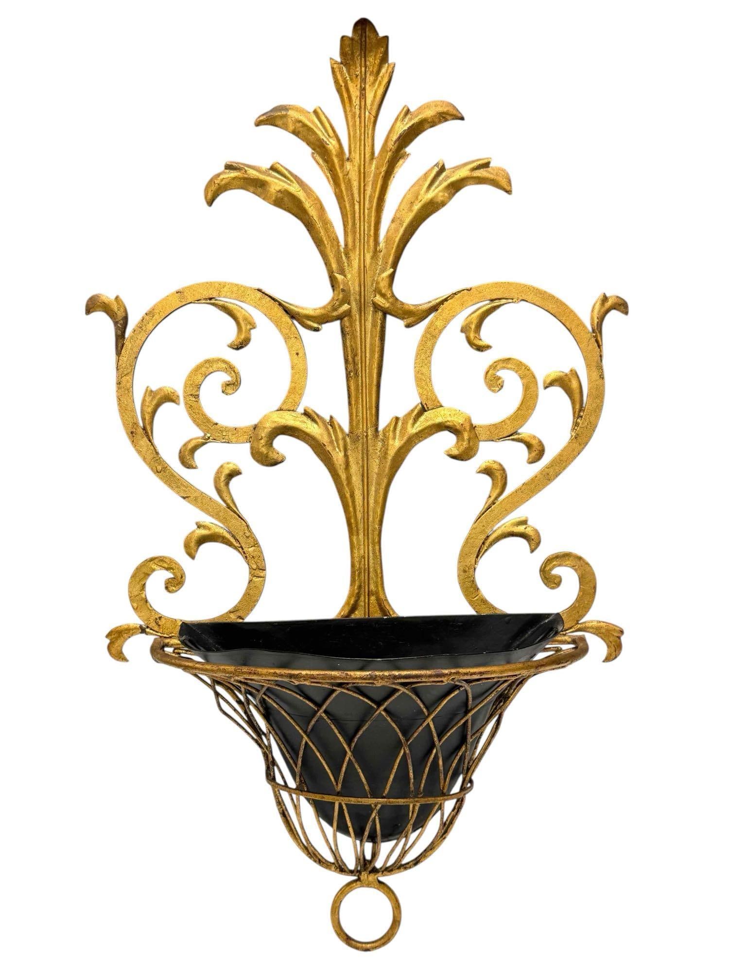 Italian Regency Gold Gilt Tole Wall Pocket Planter Sconce: Rococo or Italian Regency gold gilt tole wall pocket planter sconce with fitted planter box. Measuring approx. 28.5" tall by 17.25" wide. In good condition with some small areas of gold losses, see ph