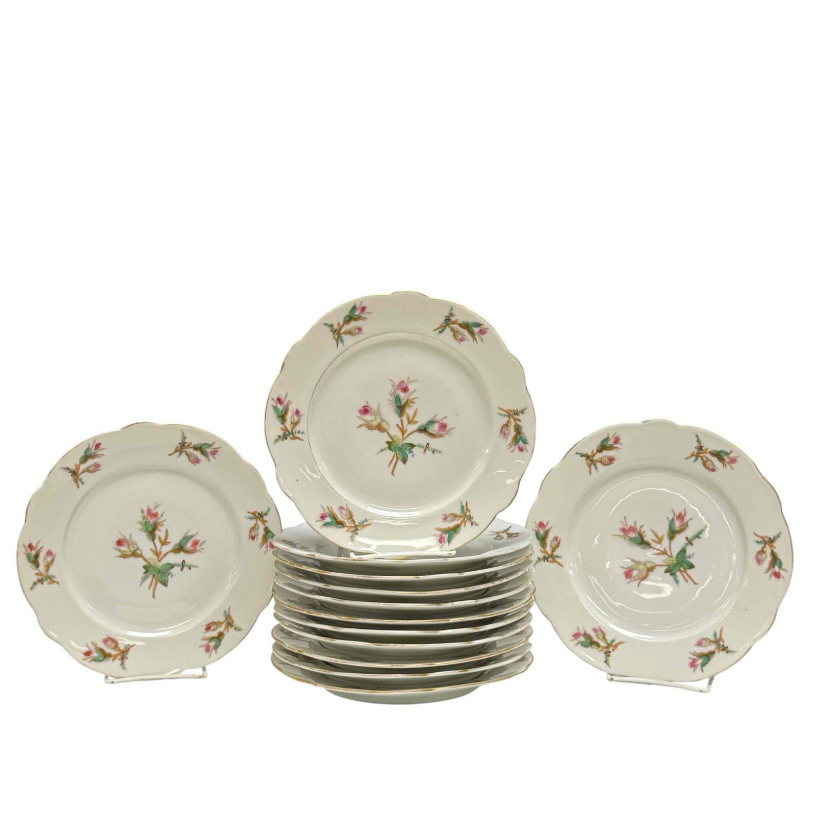 19th Century Chinese Export French Moss Rose Scalloped Plates (13): Circa 1830-1840 Chinese export French Moss Rose motif scalloped edge plates, 13 total. Measuring approx. 8.5" diameter. In age appropriate condition with one have two .25" rim chips, one having early 