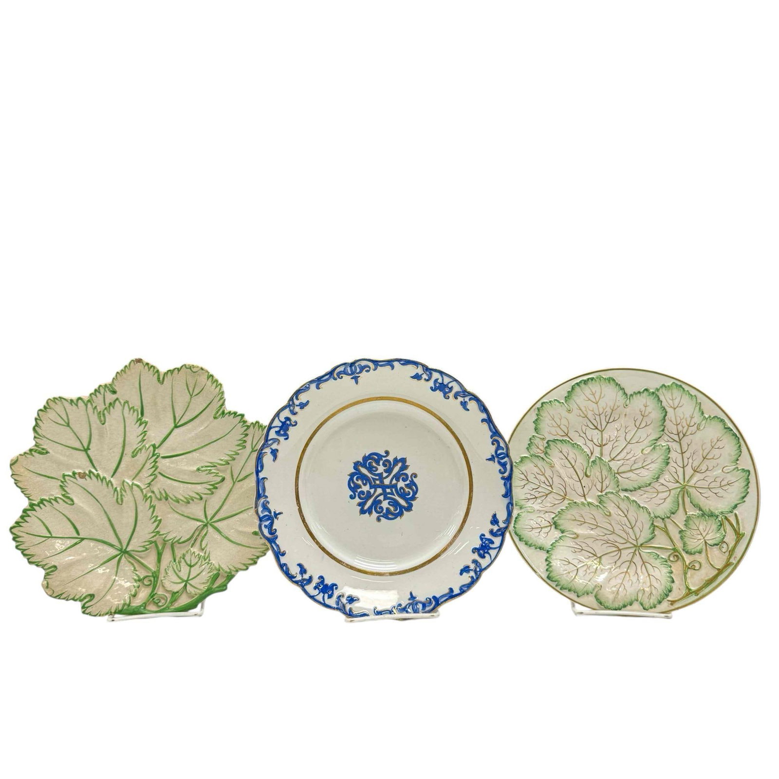 Early Majolica Leaf Botanical Motif Blue Scroll-work Plates (3) (1 of 19)