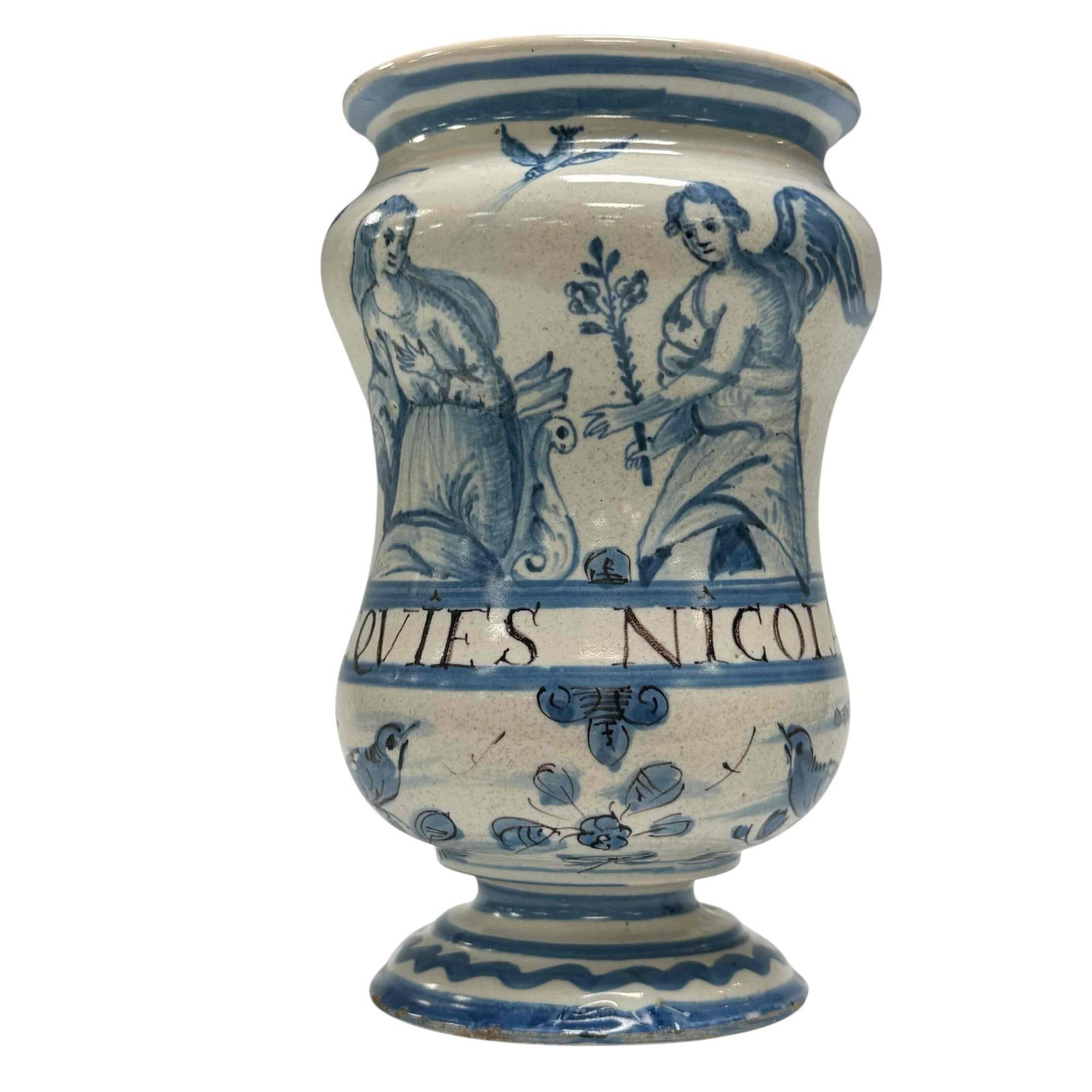 18th Century Pharmacy Wet Drug Jar: 18th century blue and white wet drug jar depicting angels, birds and structure. Measuring approx. 7.75" tall. In age appropriate condition with early base rim repair and some chips as expected, see ph