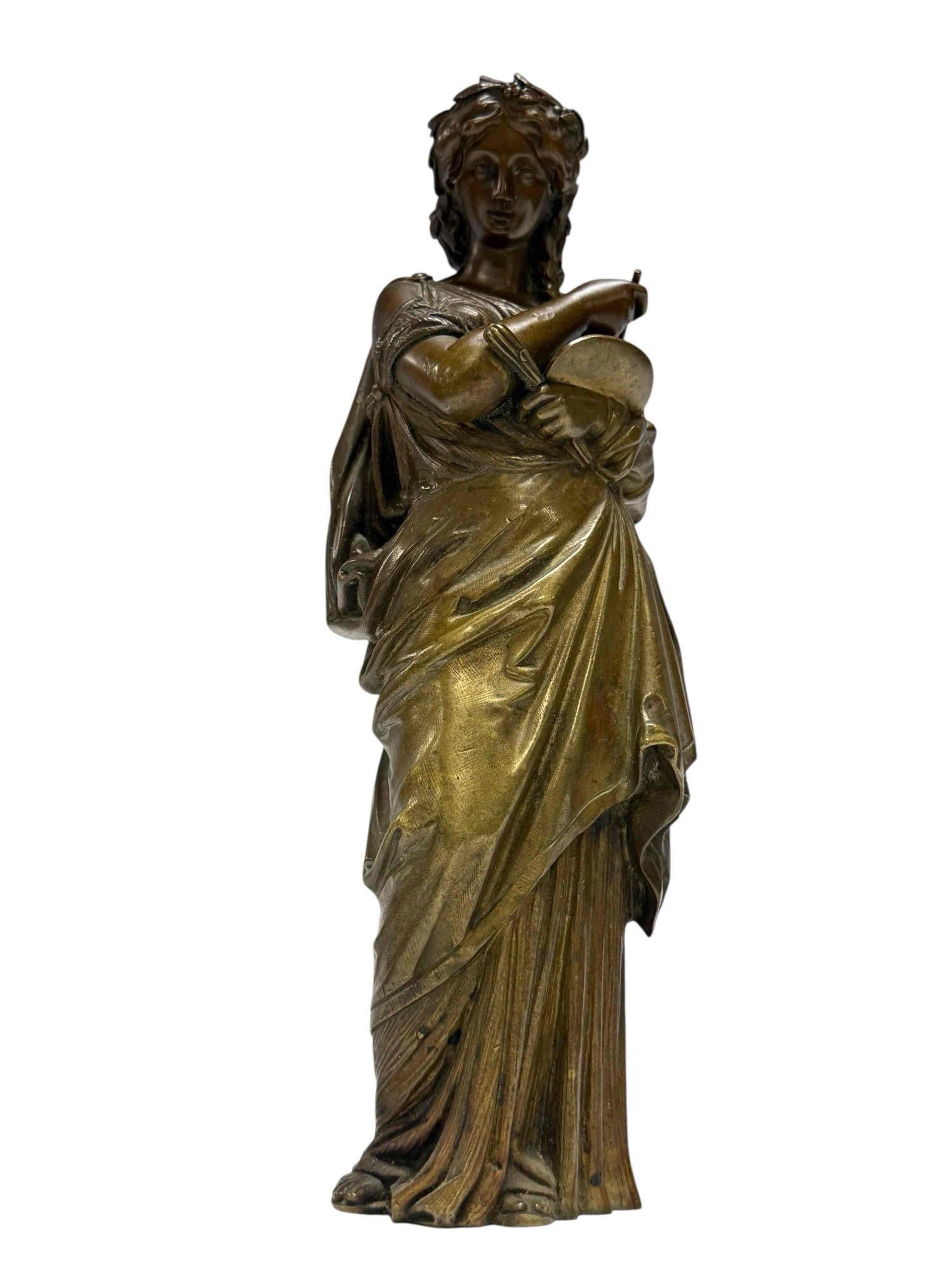 After Jean-Jules Salmson Bronze Neoclassical Maiden Sculpture: French Neoclassical full body robed female bronze statue holding pen and pad. Attributed to French artist Jean-Jules Salmson (1823-1902). Measuring approx. 10.5" tall. Appears to of had sat on a base 