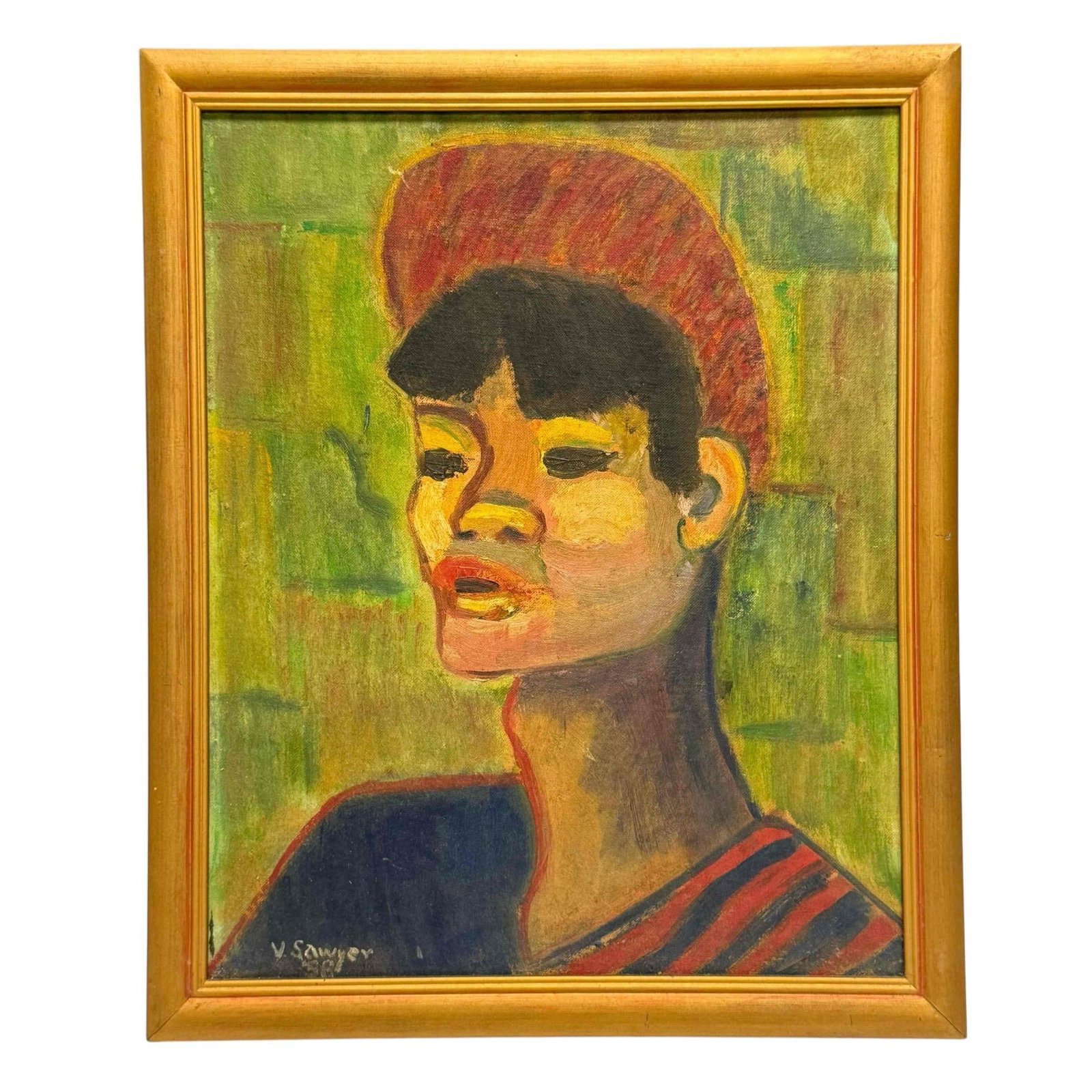 Mid Century Still Life Oil on Canvas Woman with Hat: Artist signed mid century oil on canvas of woman with red hat on geometric green background. Signed lower left corner V. Sawyer 58' with a Vietnam Art and Frame stamp on back . Measuring approx. 19.5'