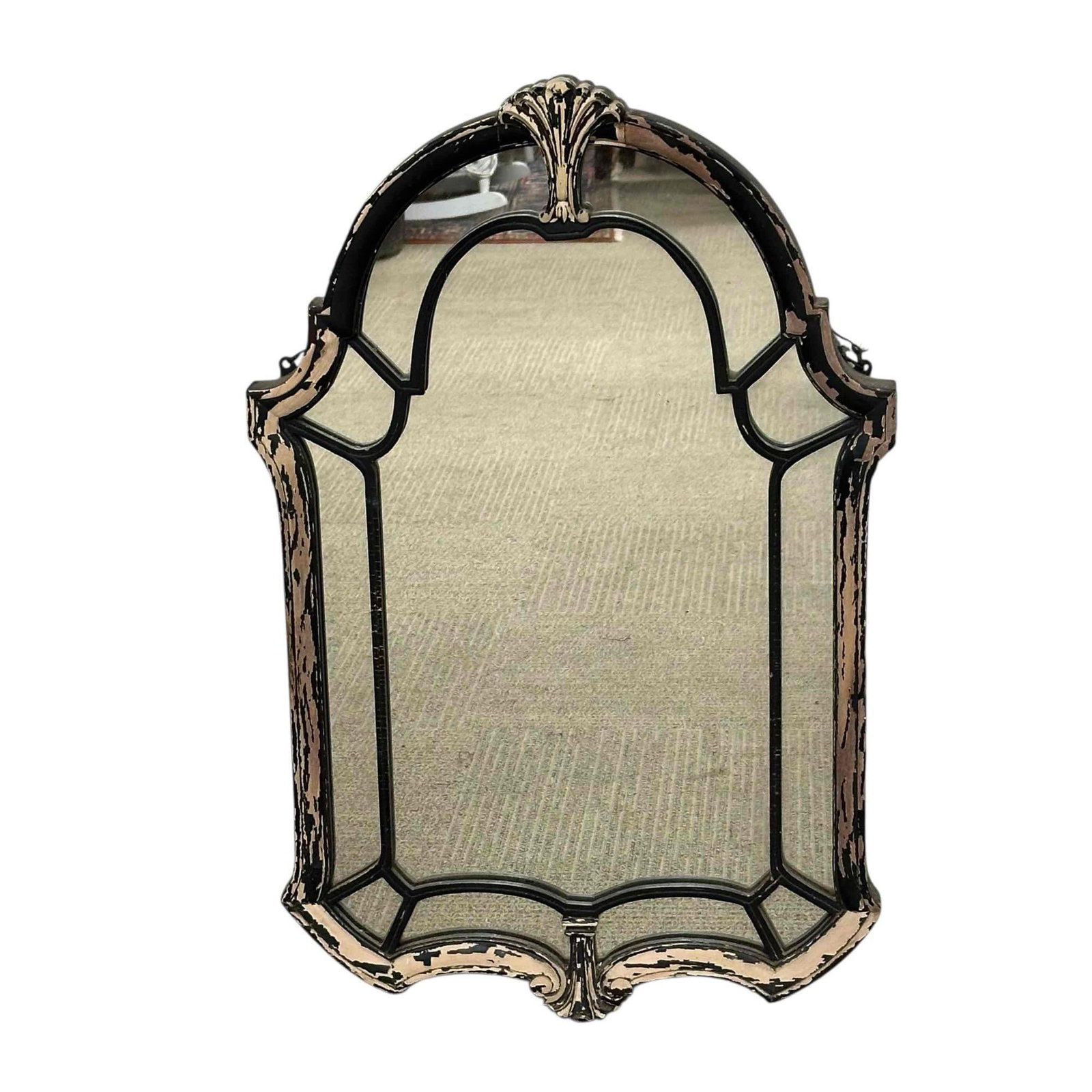 Antique Italian Crackle Painted Wall Mirror: 19th century painted wall mirror with distressed finish and divided panel border. Great mirror suitable for any interior designs. Measuring approx 33" h x 21" w z 2" d. See photos for details. Bearing