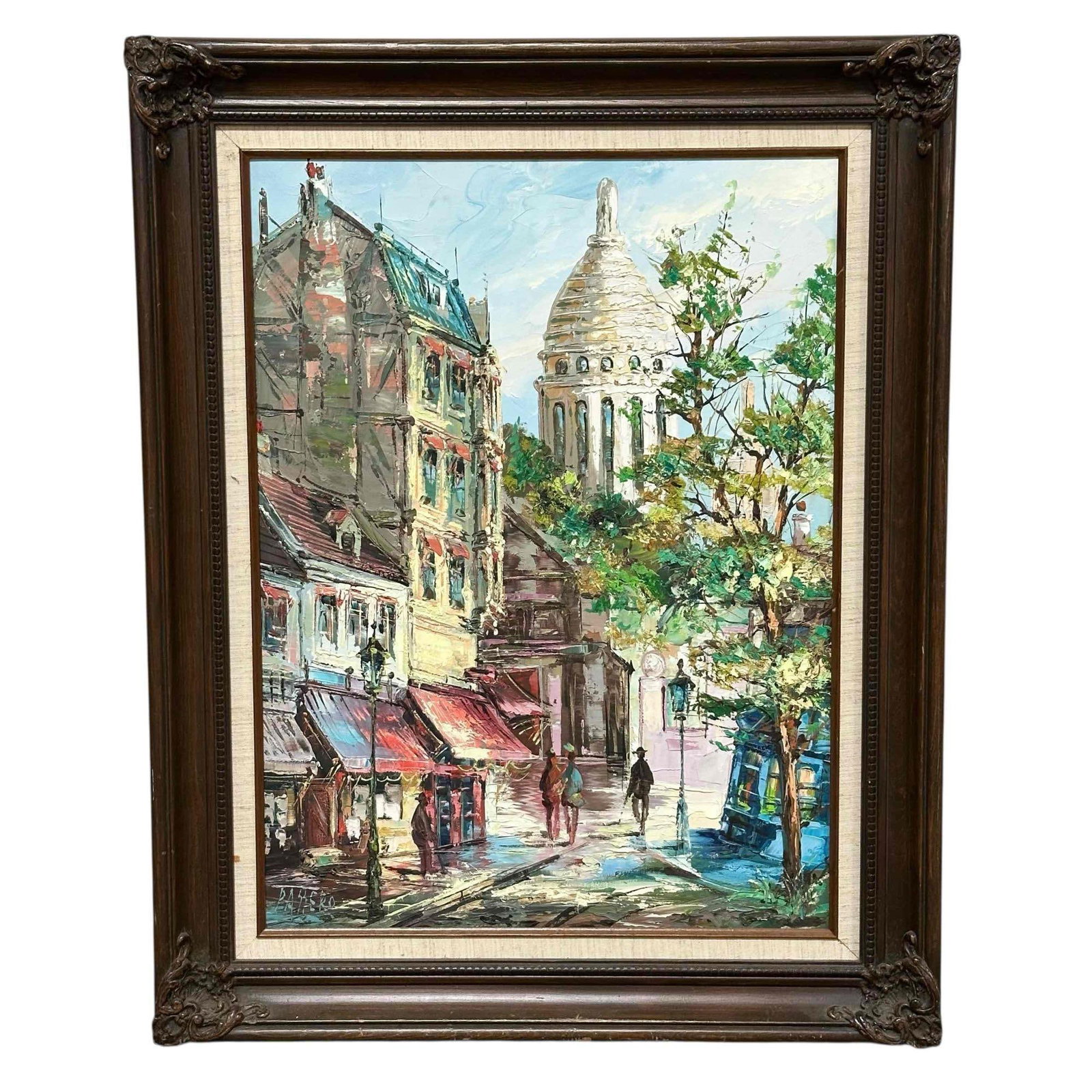 20th C France PASSERO IMPRESSIONIST OIL on Canvas: A 20th century Paris, France street scene oil painting on canvas by Hubert Passero and signed in lower left as shown. Measuring approx 30" h x 24" w including the frame its contained in and 24" h x 18