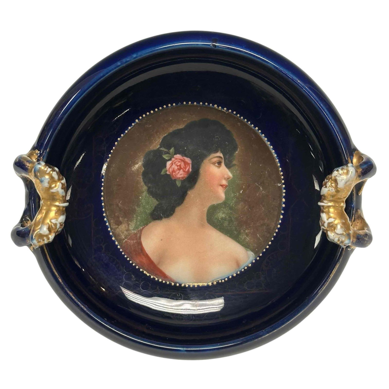 Austrian - Royal Vienna Cobalt Portrait Bowl: A fine Austrian porcelain low bowl with center portrait. Light gilt wear, stamped on bottom, no chips or cracks. See photos