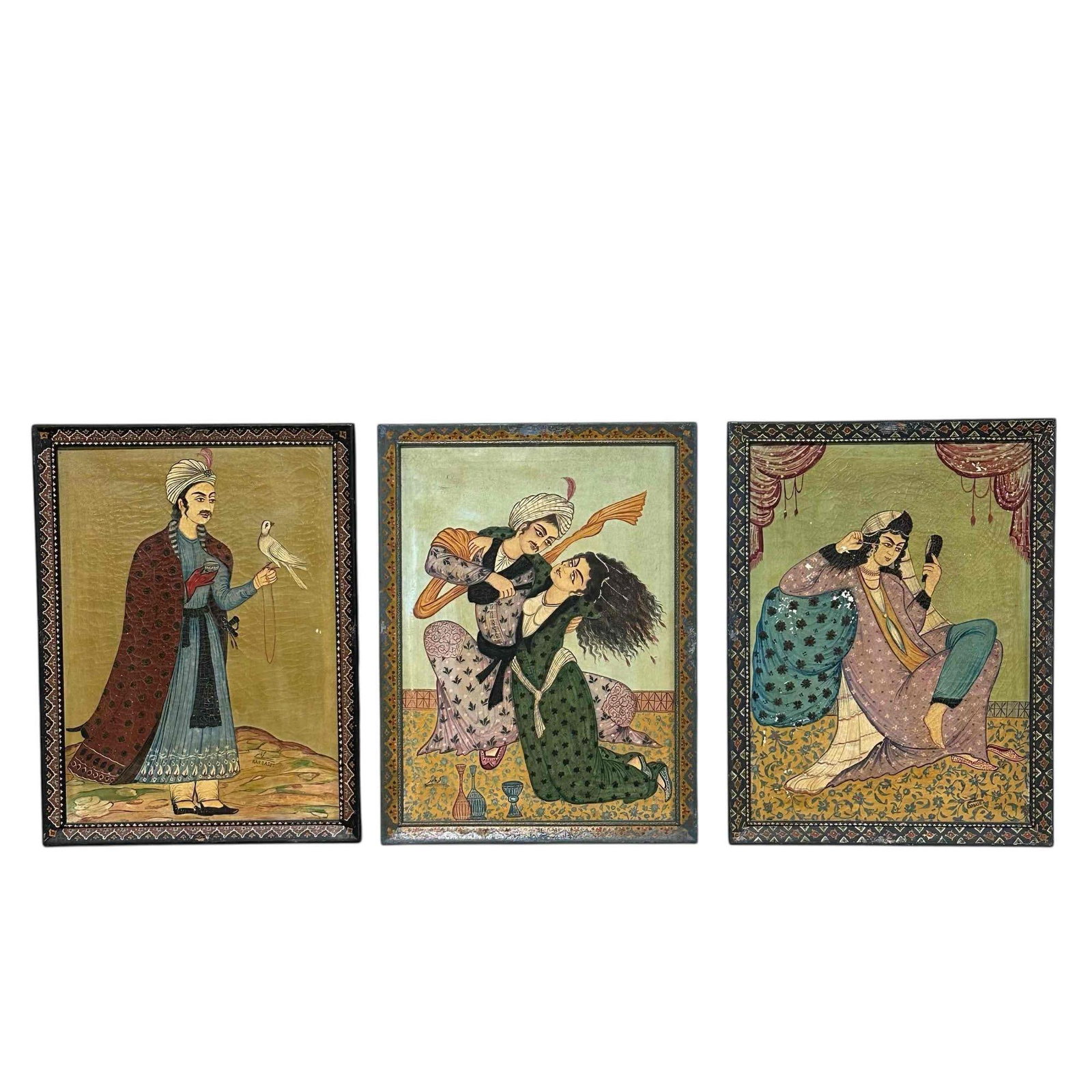 Persian "Lovers" Trio Oil on Canvas Paintings Artist Signed Karbassi (3): Vintage Persian trio of paintings depicting two young lovers merging. First being of a young prince or nobleman with carrier bird, second of young woman looking into mirror in the style of Riza-yi Abb